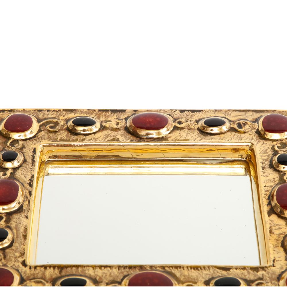 François Lembo Mirror, Ceramic, Gold, Red, Black, Jeweled, Signed For Sale 5