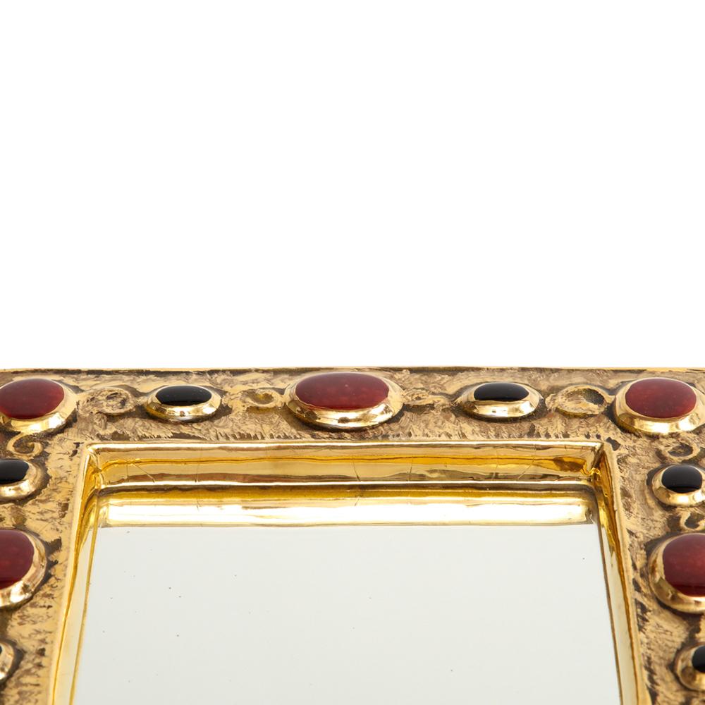 François Lembo Mirror, Ceramic, Gold, Red, Black, Jeweled, Signed For Sale 7