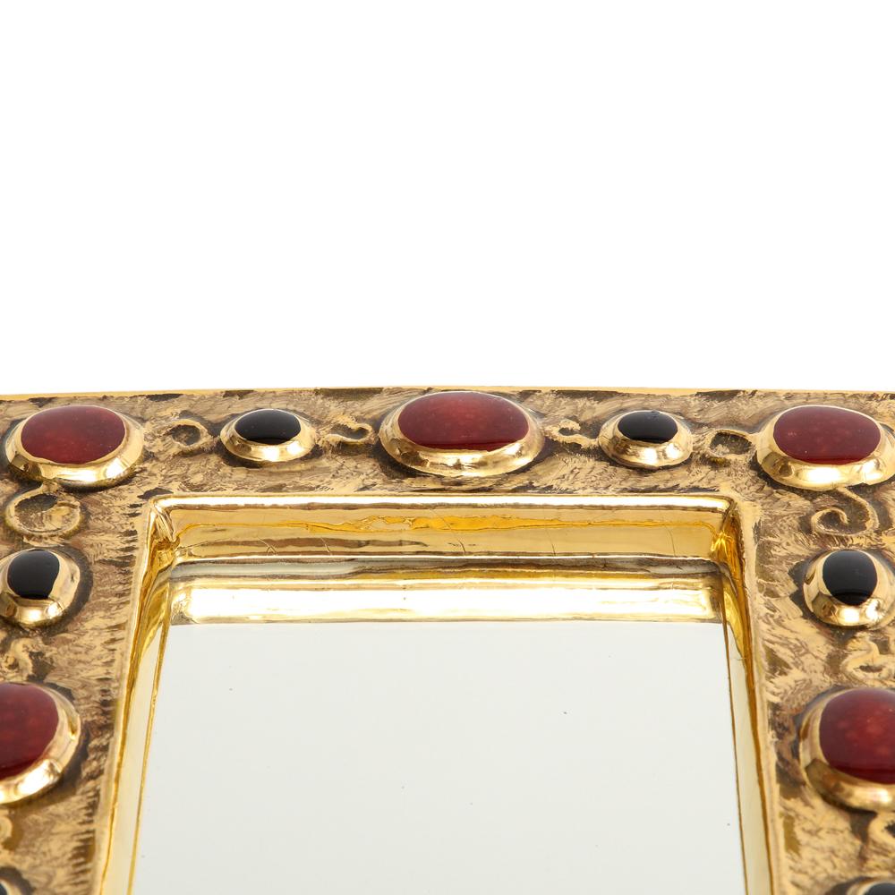 François Lembo Mirror, Ceramic, Gold, Red, Black, Jeweled, Signed For Sale 8