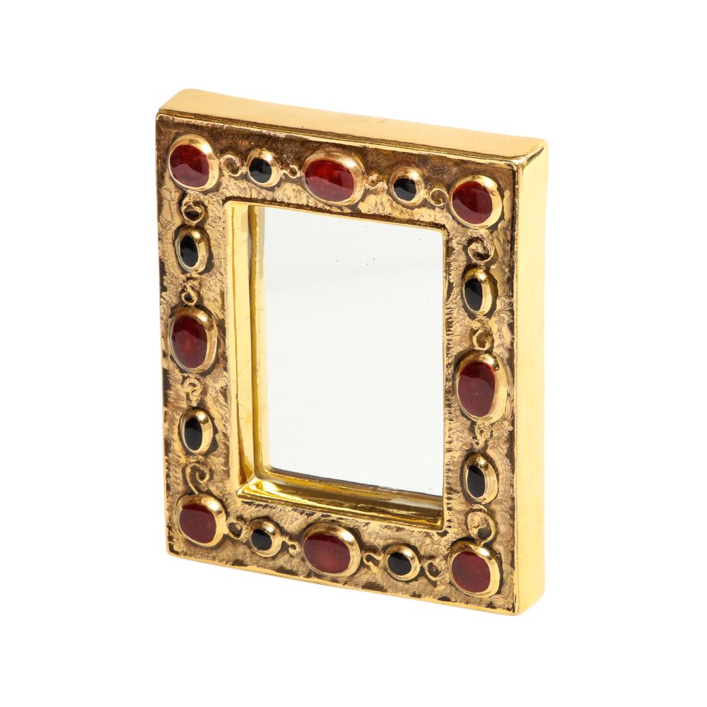François Lembo Spiegel, Keramik, Gold, Rot, Schwarz, mit Juwelen besetzt, signiert (Moderne der Mitte des Jahrhunderts) im Angebot