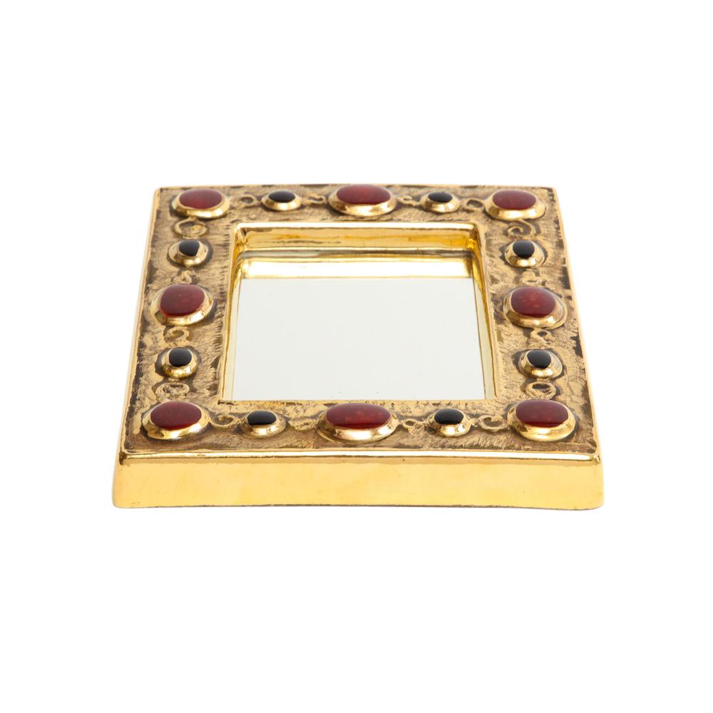 François Lembo Spiegel, Keramik, Gold, Rot, Schwarz, mit Juwelen besetzt, signiert (Französisch) im Angebot