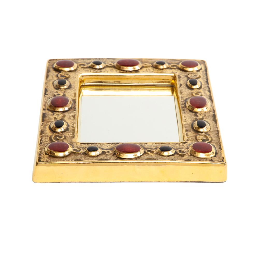 François Lembo Spiegel, Keramik, Gold, Rot, Schwarz, mit Juwelen besetzt, signiert (Glasiert) im Angebot