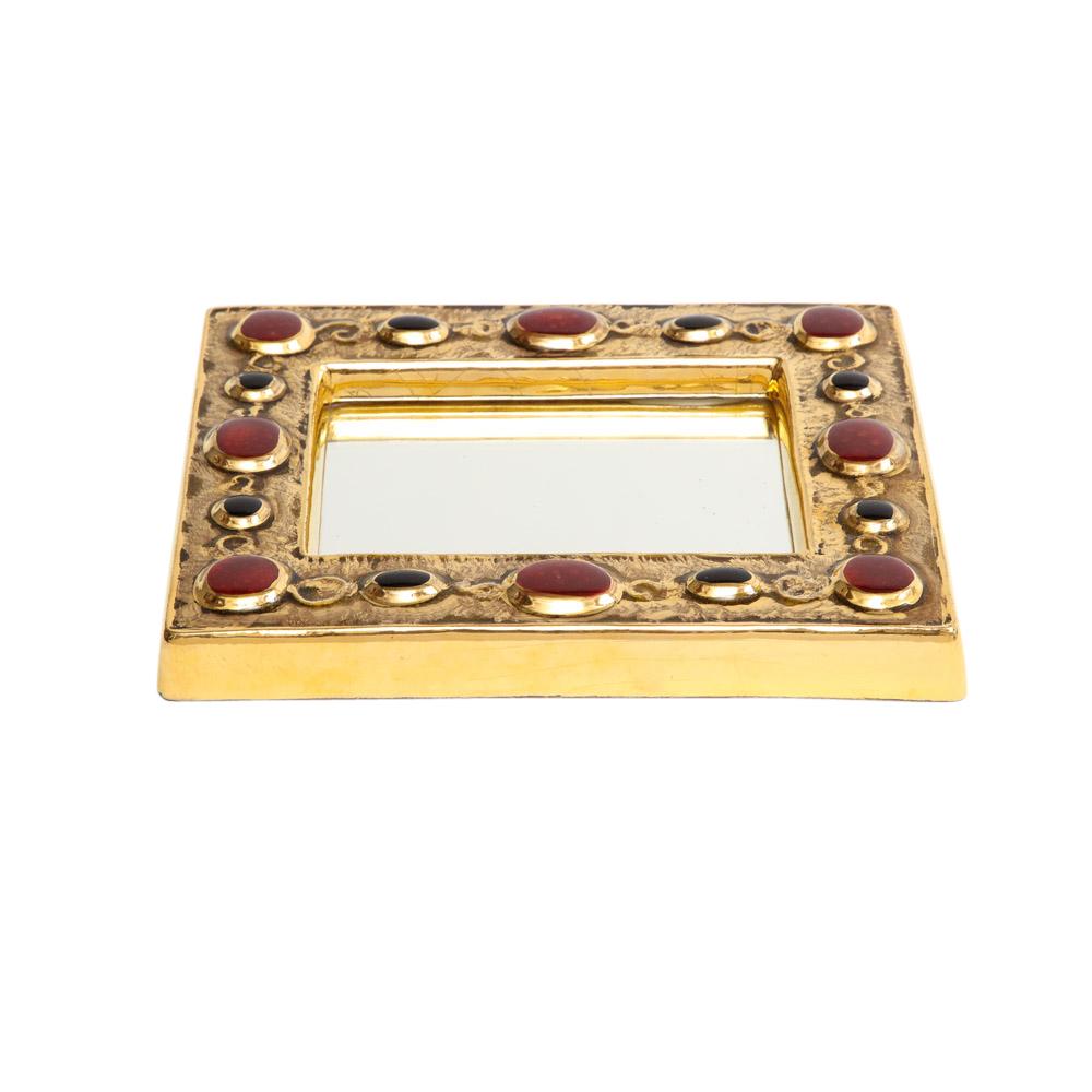 French François Lembo Mirror, Ceramic, Gold, Red, Black, Jeweled, Signed For Sale