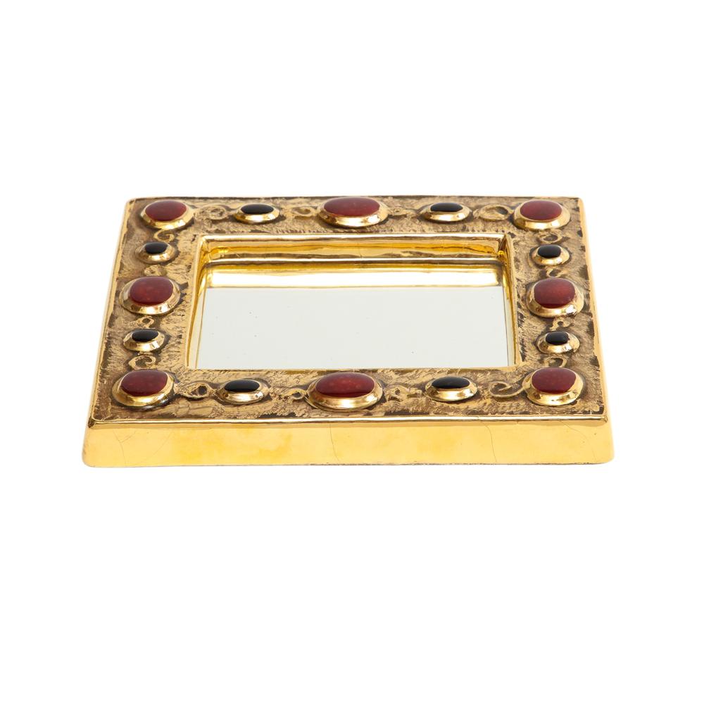 Glazed François Lembo Mirror, Ceramic, Gold, Red, Black, Jeweled, Signed For Sale