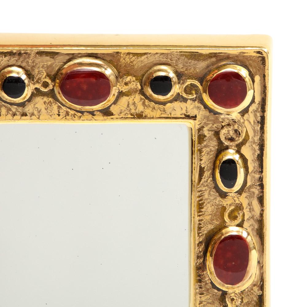 François Lembo Mirror, Ceramic, Gold, Red, Black, Jeweled, Signed In Good Condition For Sale In New York, NY