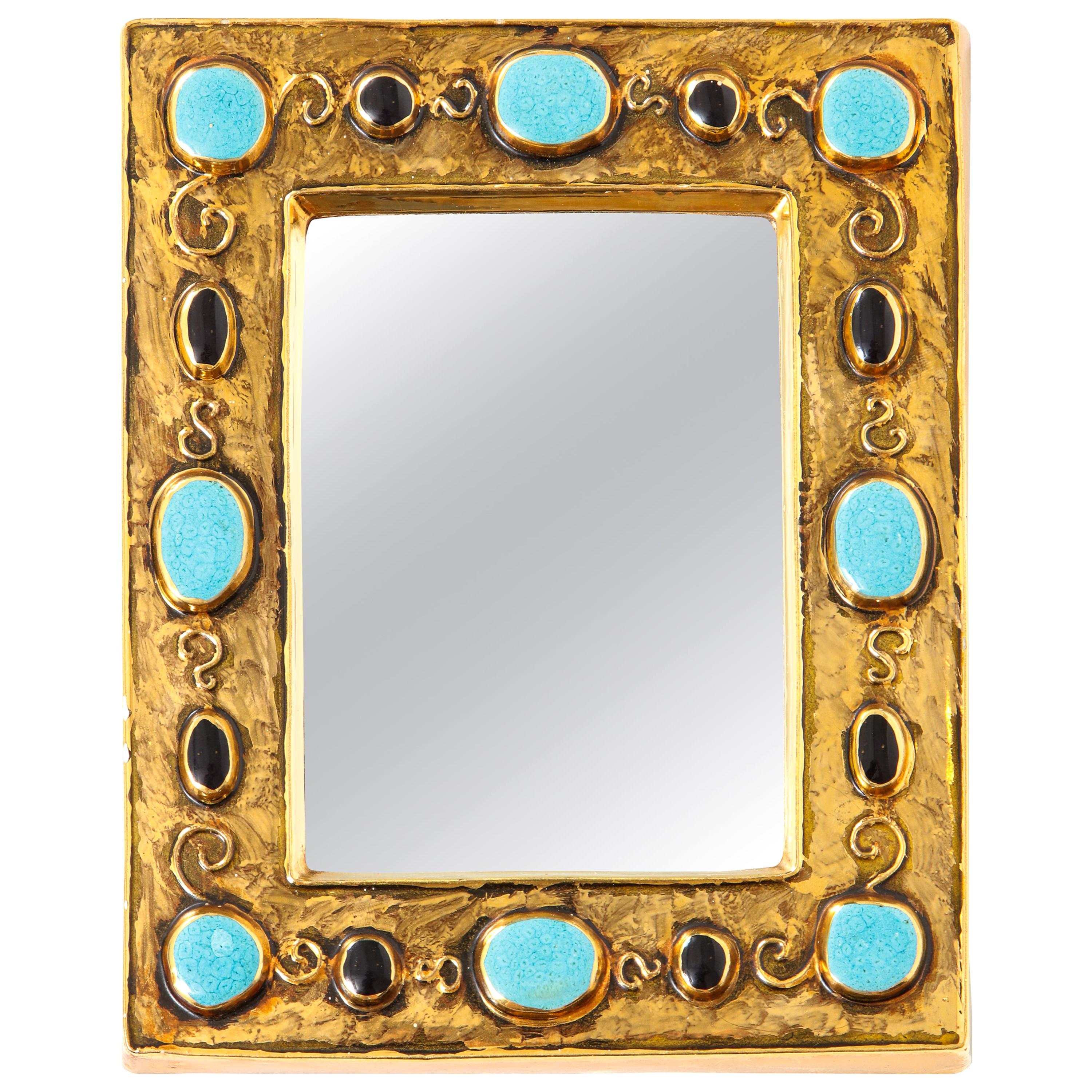 Francois Lembo Mirror, Ceramic, Jeweled, Gold, Black, and Turquoise, Signed