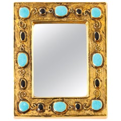 Vintage Francois Lembo Mirror, Ceramic, Jeweled, Gold, Black, and Turquoise, Signed