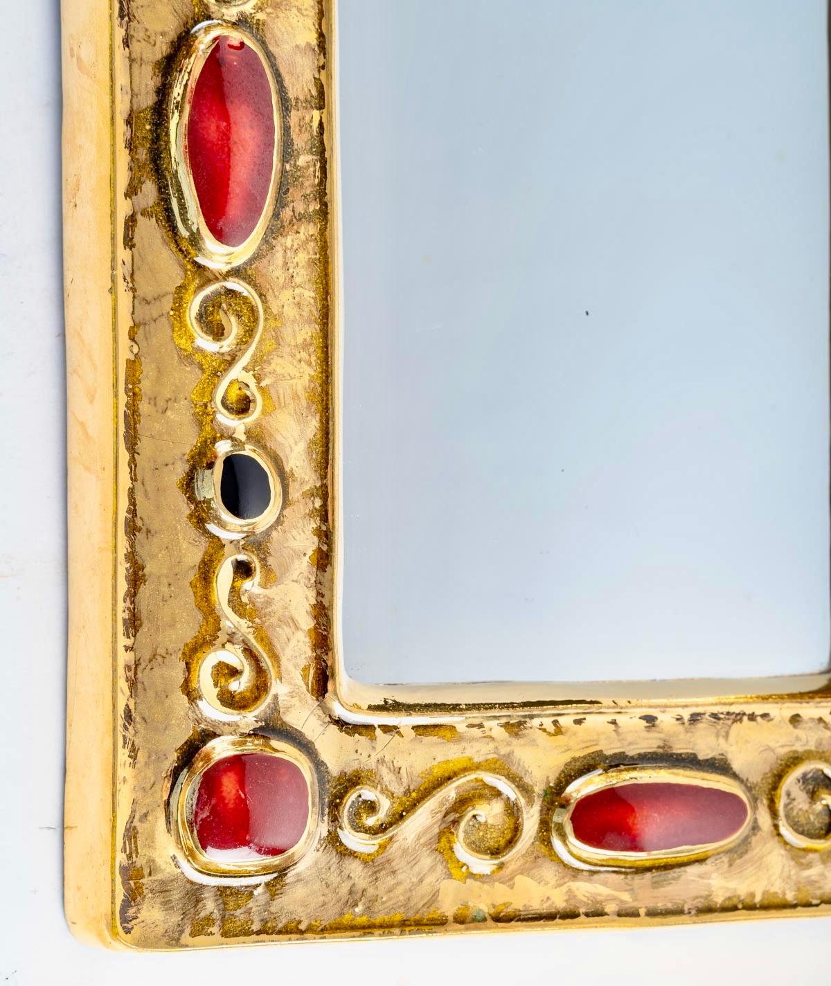 Français 1970 François Lembo Miroir, céramique, Jewell, or, rubis, noir, signé