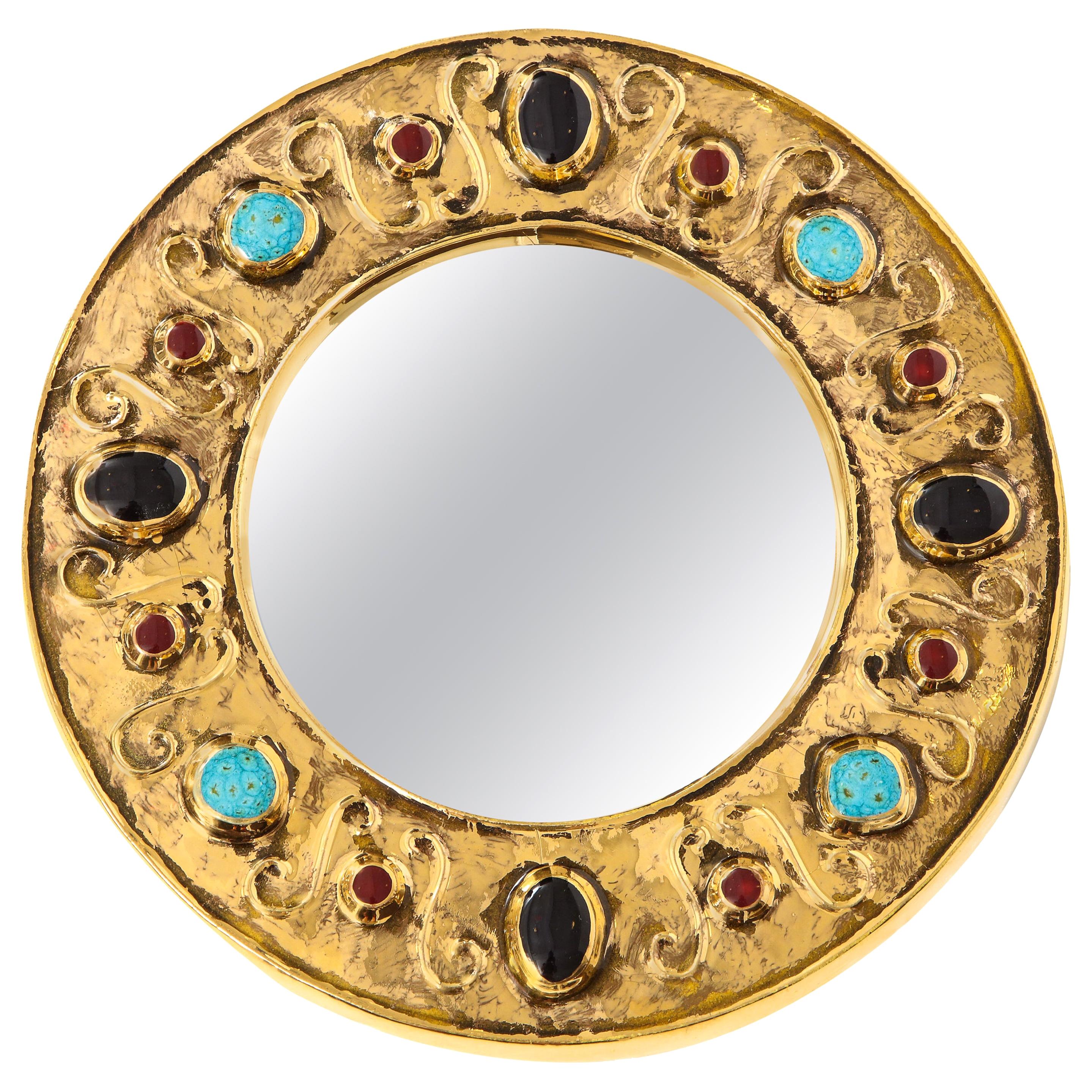 François Lembo Mirror, Ceramic, Jeweled, Gold, Turquoise, Black, Ruby, Signed