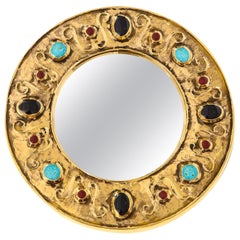 Vintage François Lembo Mirror, Ceramic, Jeweled, Gold, Turquoise, Black, Ruby, Signed