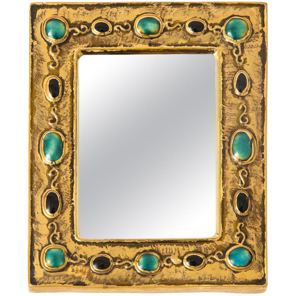 Francois Lembo Mirror, Ceramic, Jeweled, Jade, Gold, Black, Signed