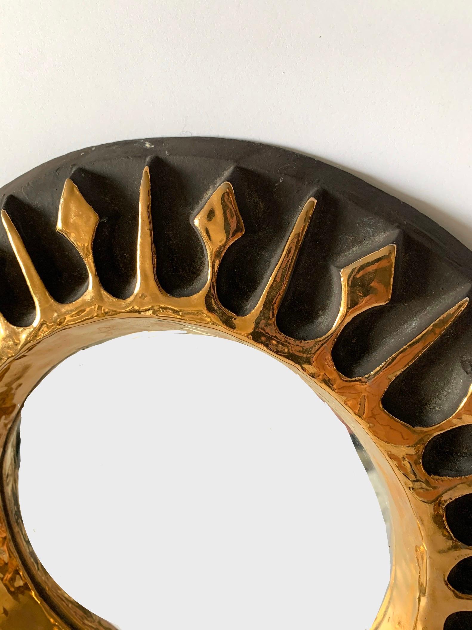 Mid-Century Modern Mithé Espelt Round Gilt Ceramic Sunburst Mirror