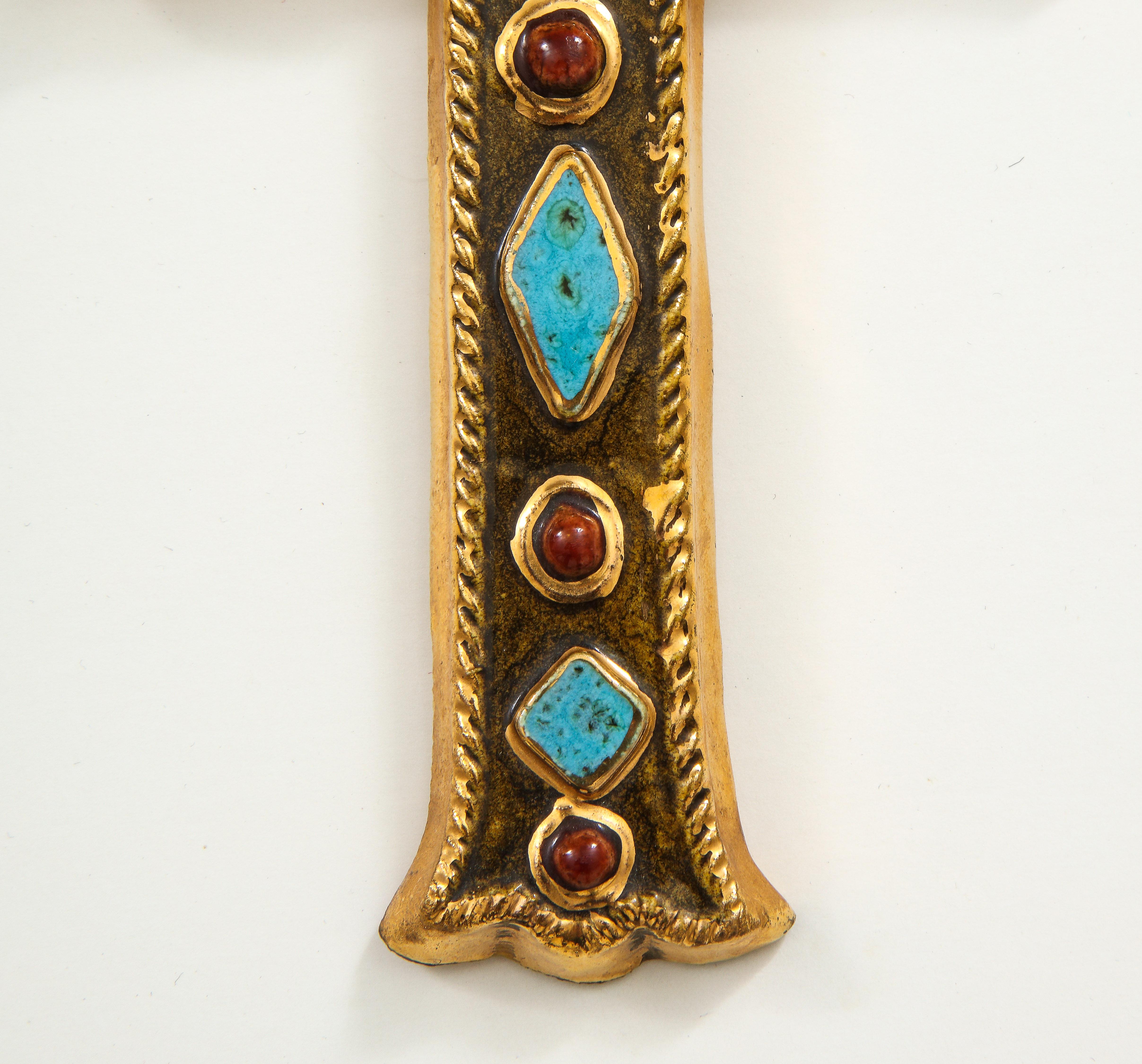 Mid-Century Modern Francois Lembo Signed Ceramic Jeweled Cross, France For Sale