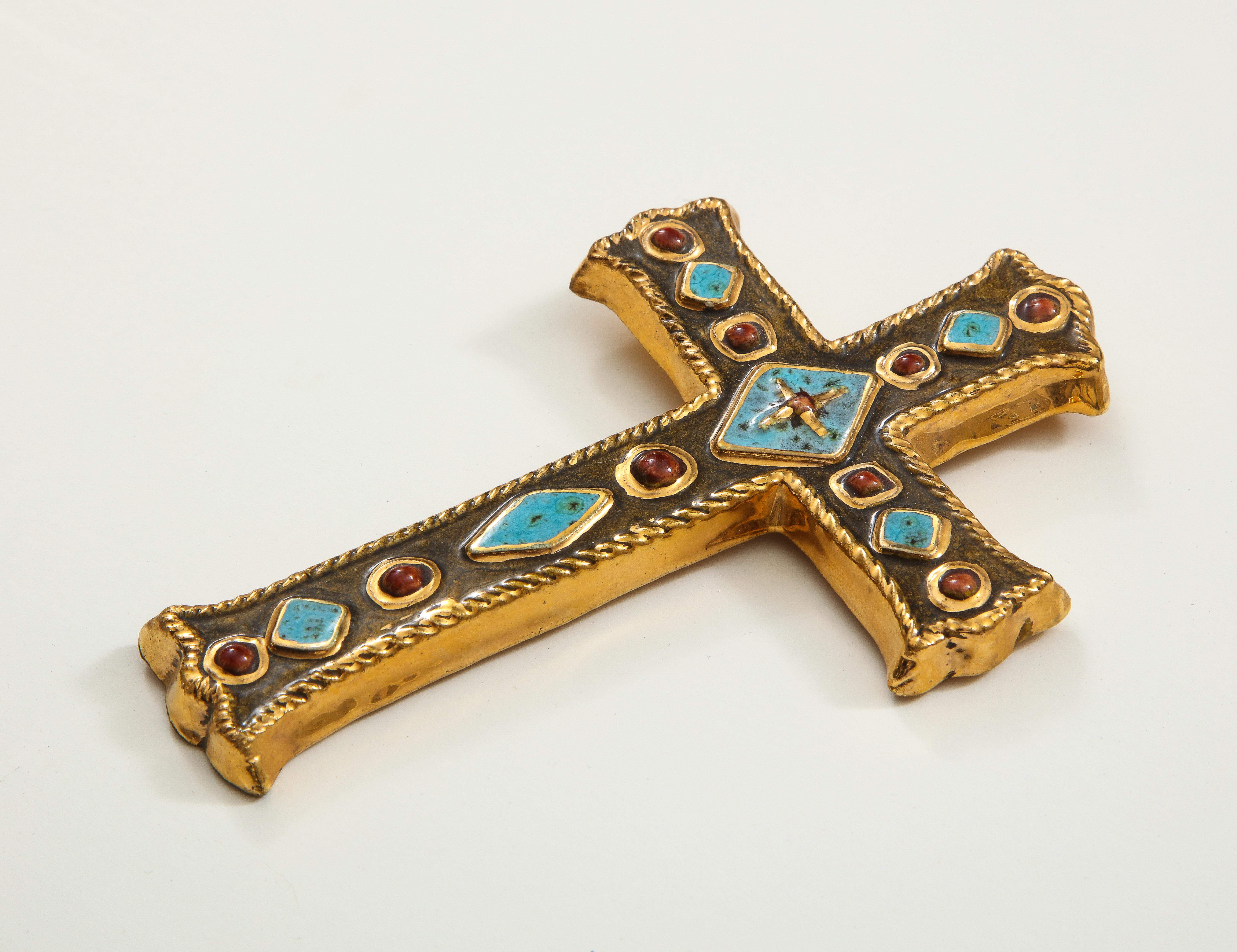 Late 20th Century Francois Lembo Signed Ceramic Jeweled Cross, France For Sale