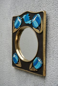 Francois Lembo Style Mirror, Ceramic Bird Flowers, Gold, Blue
