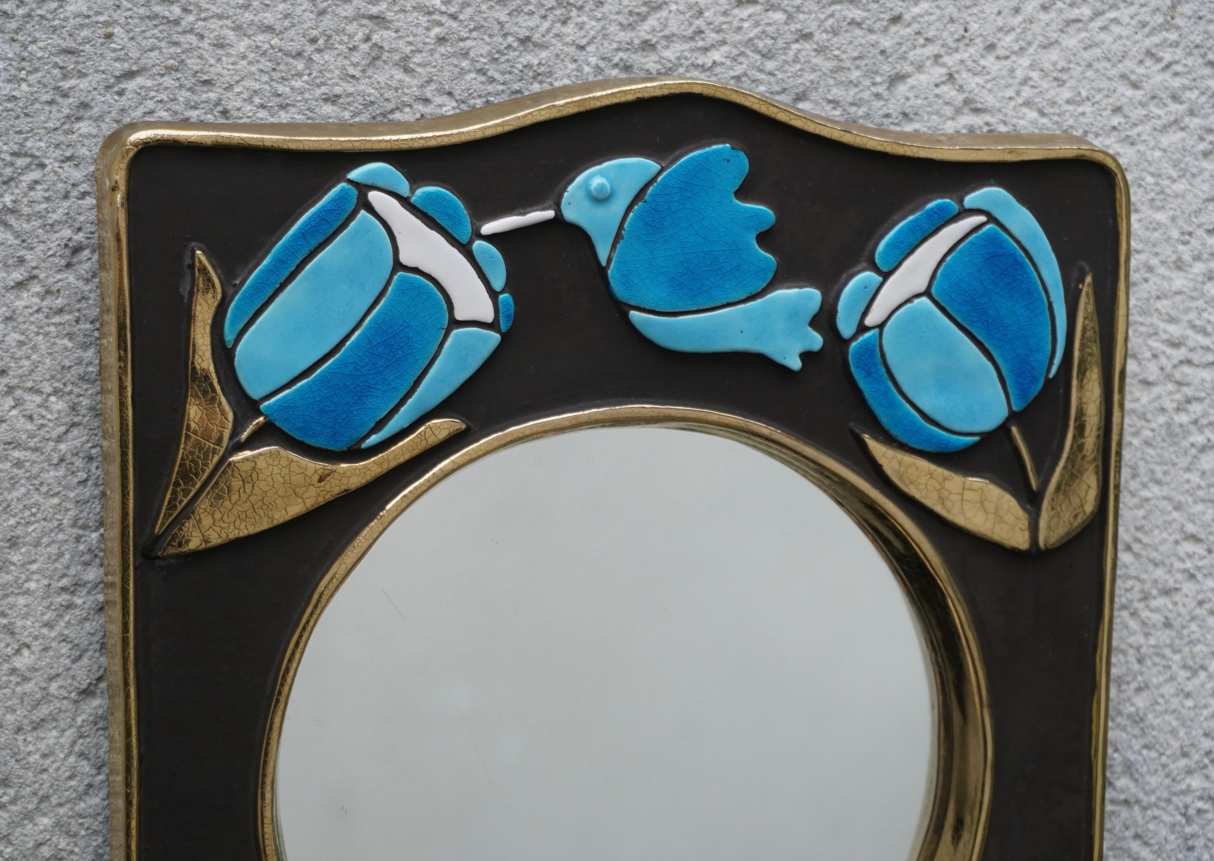 French Francois Lembo Style Mirror, Ceramic Bird Flowers, Gold, Blue