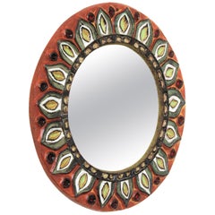 François Lembo Vallauris Ceramic Round Mirror with Foliate Floral Design