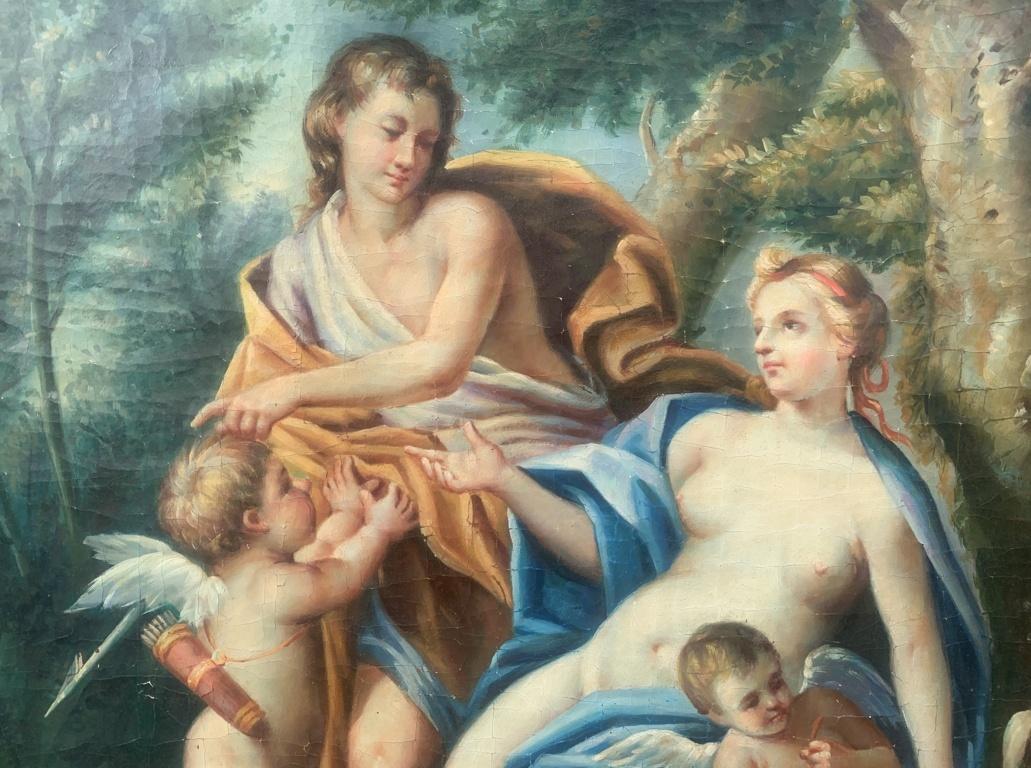 Follower of François Lemoyne (19th century) - Mythological scene with two putti and greyhounds.

60 x 50 cm without frame, 90 x 80 cm with frame.

Antique oil painting on canvas, in a carved wooden frame.

Condition report: Good state of