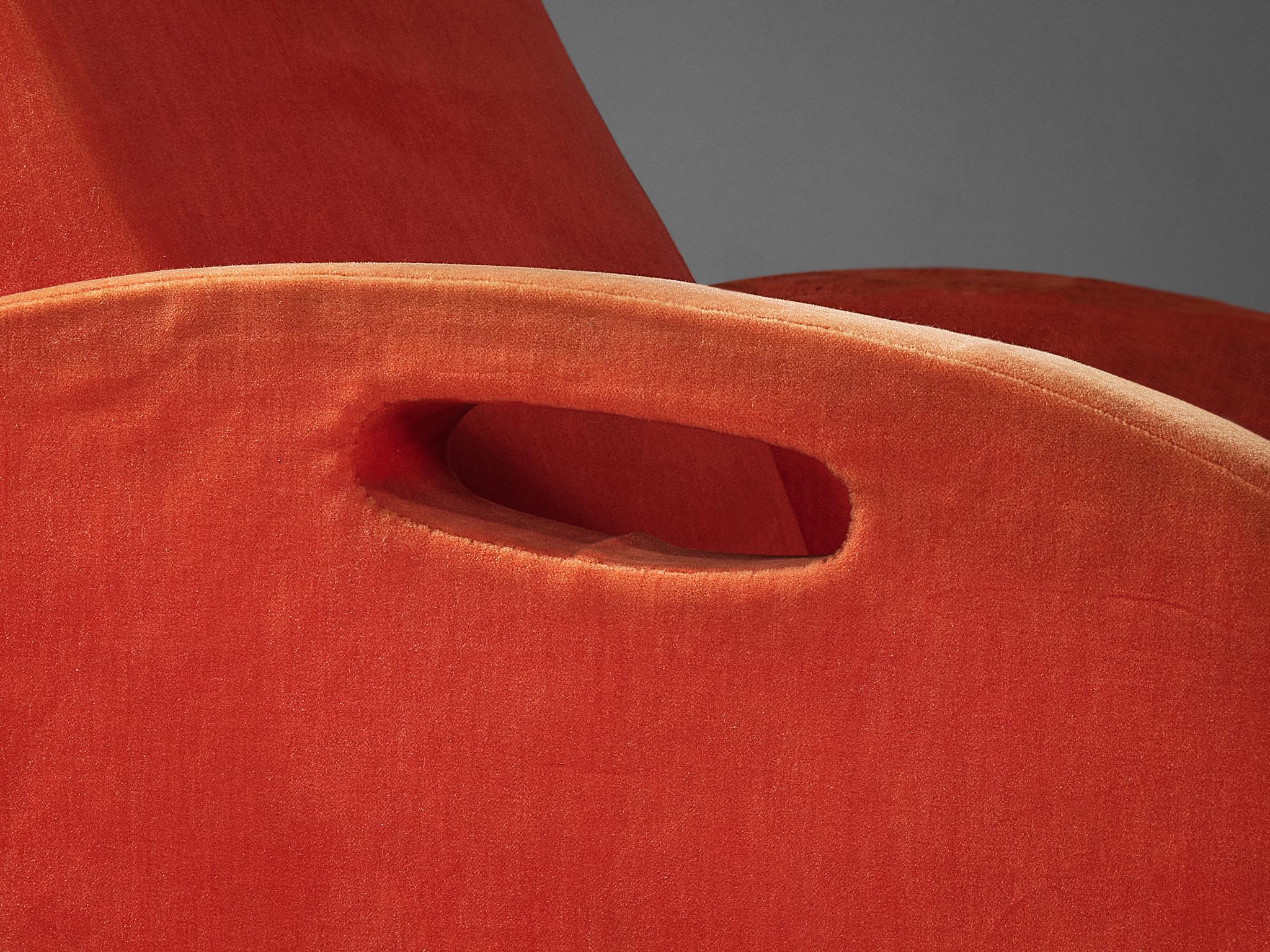 French François Letourneur Lounge Chair in Red Velvet and Brass For Sale