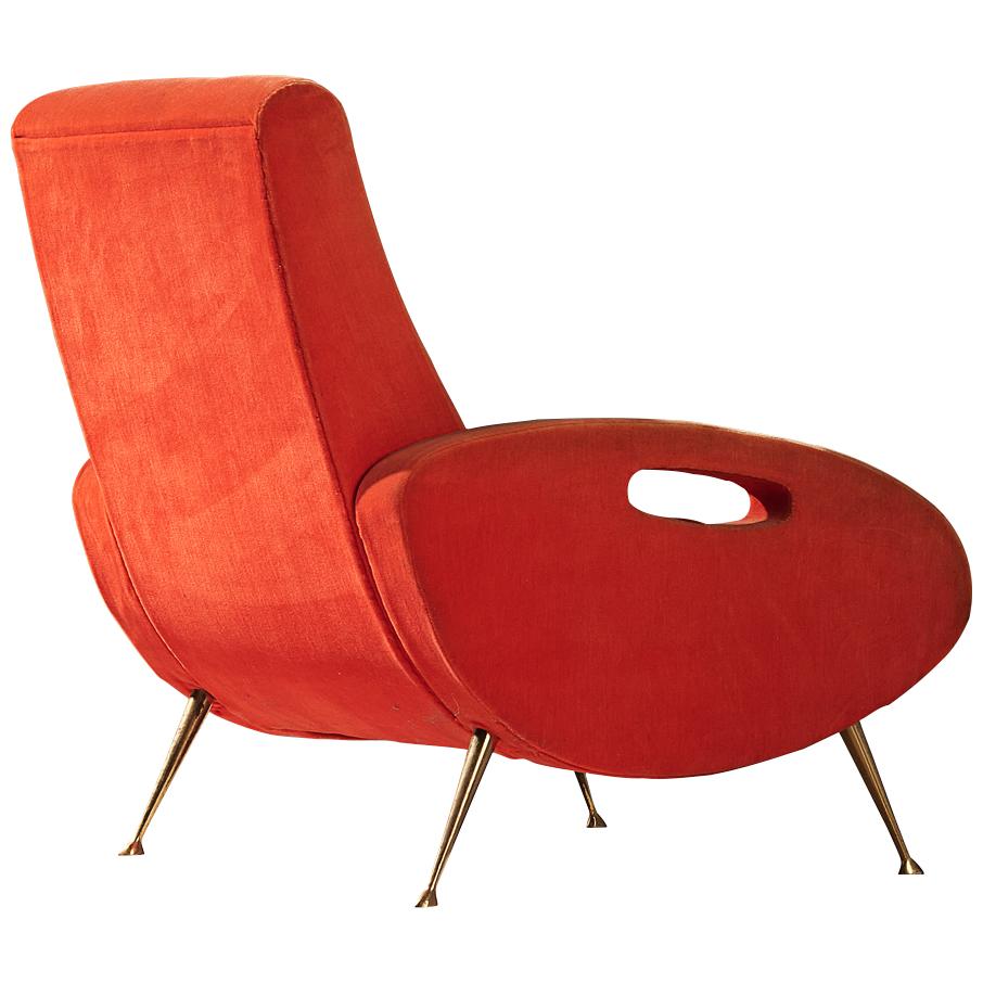 François Letourneur Lounge Chair in Red Velvet and Brass  For Sale