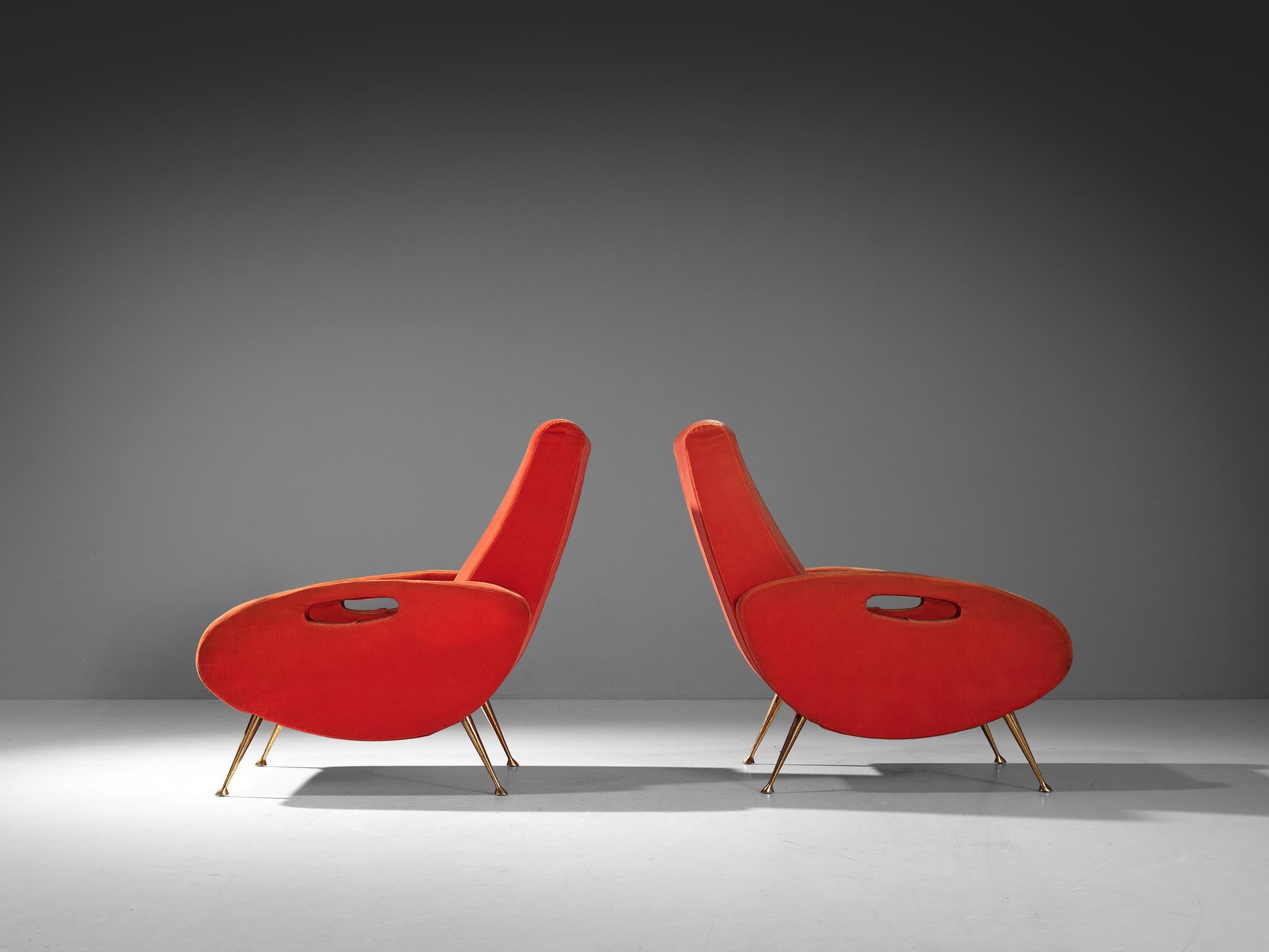 Mid-Century Modern François Letourneur Pair of Lounge Chairs in Red Velvet Upholstery