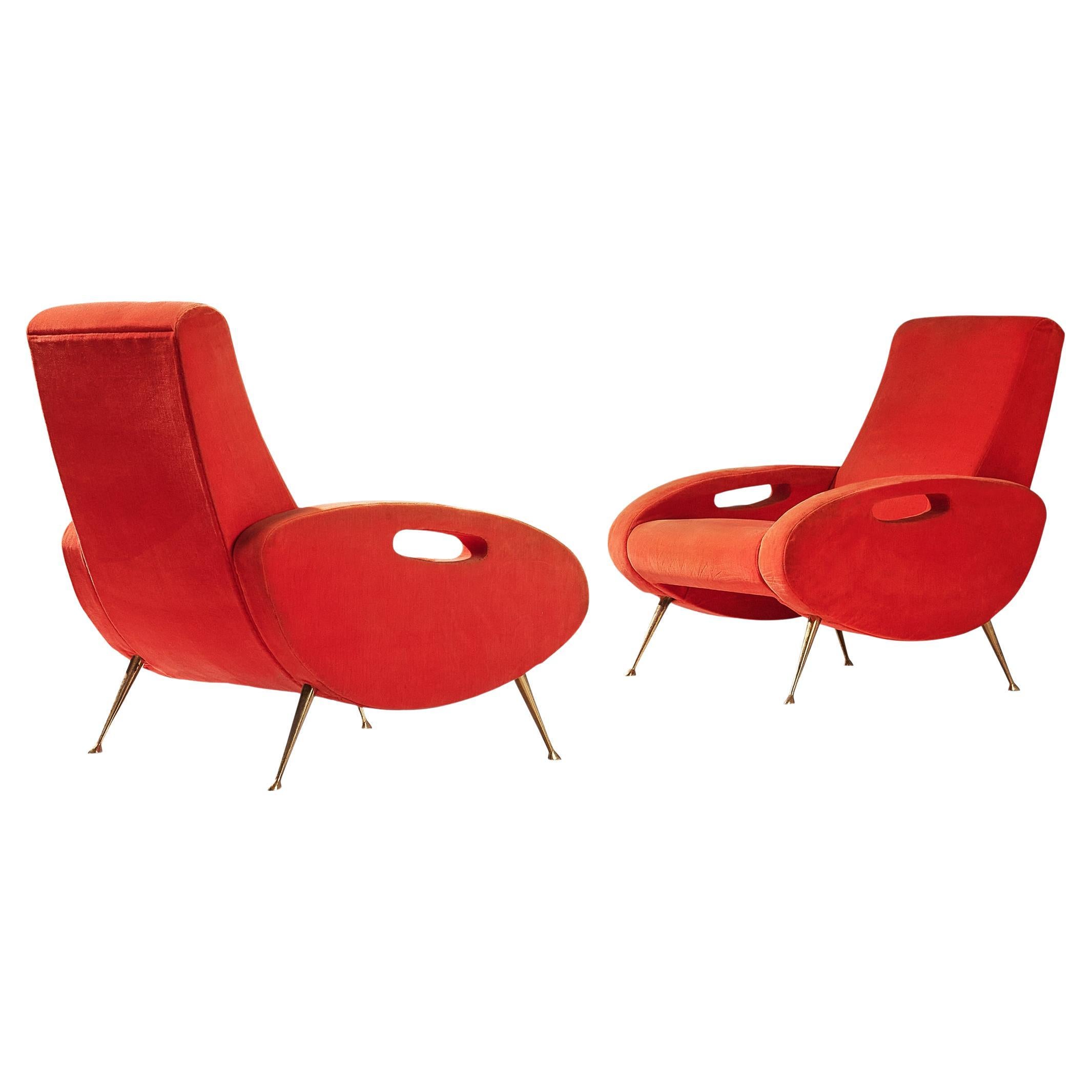 François Letourneur Pair of Lounge Chairs in Red Velvet Upholstery 