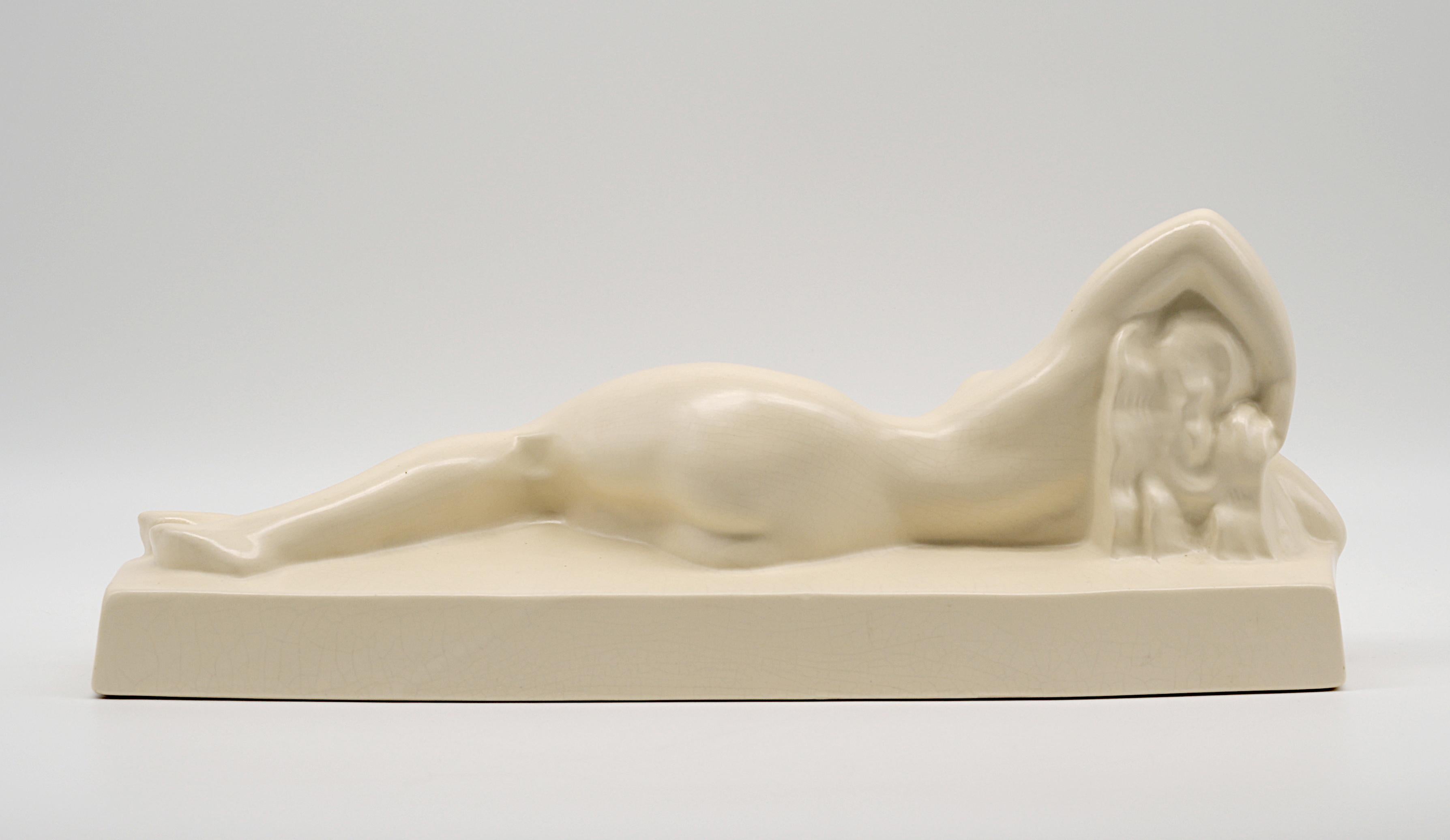 Ceramica François Levallois, art déco francese, smalto a crepe in ceramica, giovane donna nuda in vendita