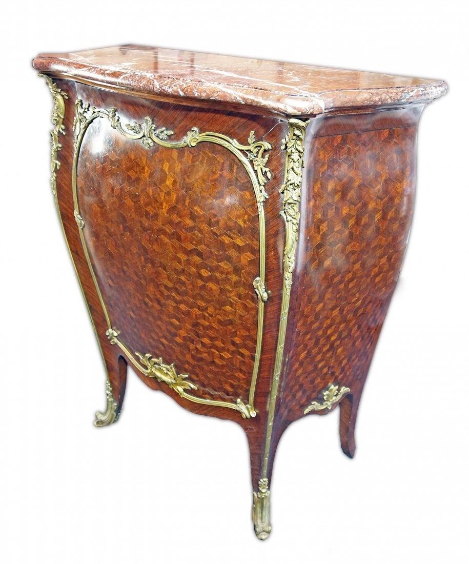 François Linke, (1855-1946)
A Louis XV style ormolu-mounted kingwood and parquetry mueble d'appui,
By Francois Linke,
Index number 204,
For Maison Krieger, Paris,
Early 20th century
The serpentine griotte de Campan rouge marble top above