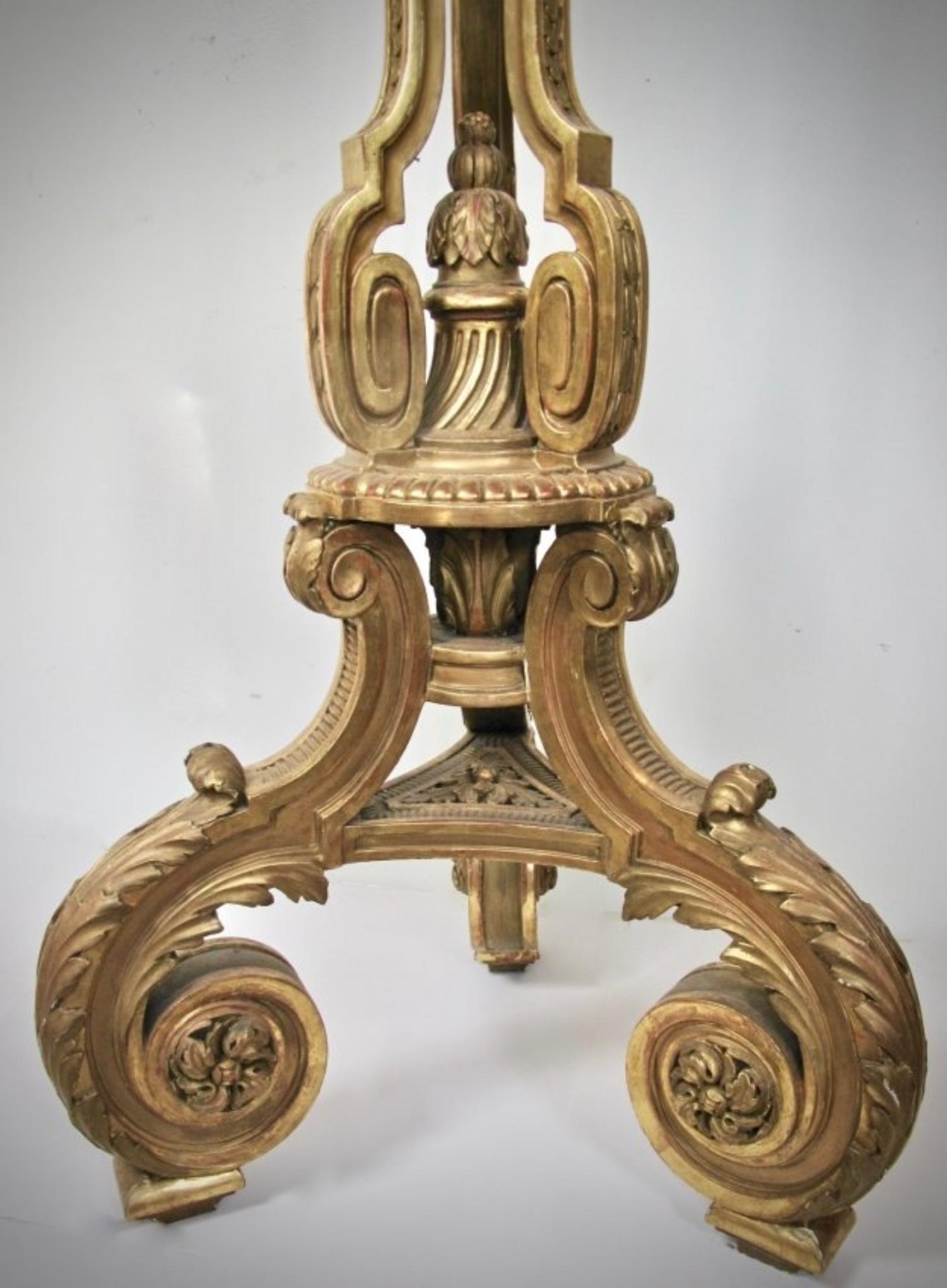 Francois Linke, Louis XIV style giltwood torchère, 1907.
Index number 1546 
Paris, 1907.
Carved giltwood.
Measures: height 5 ft. 3 1/2 in.; diameter of top 17 in.
Provenance: 
Jean Bieder, Francois Linke's foreman in the 1920s, who took over