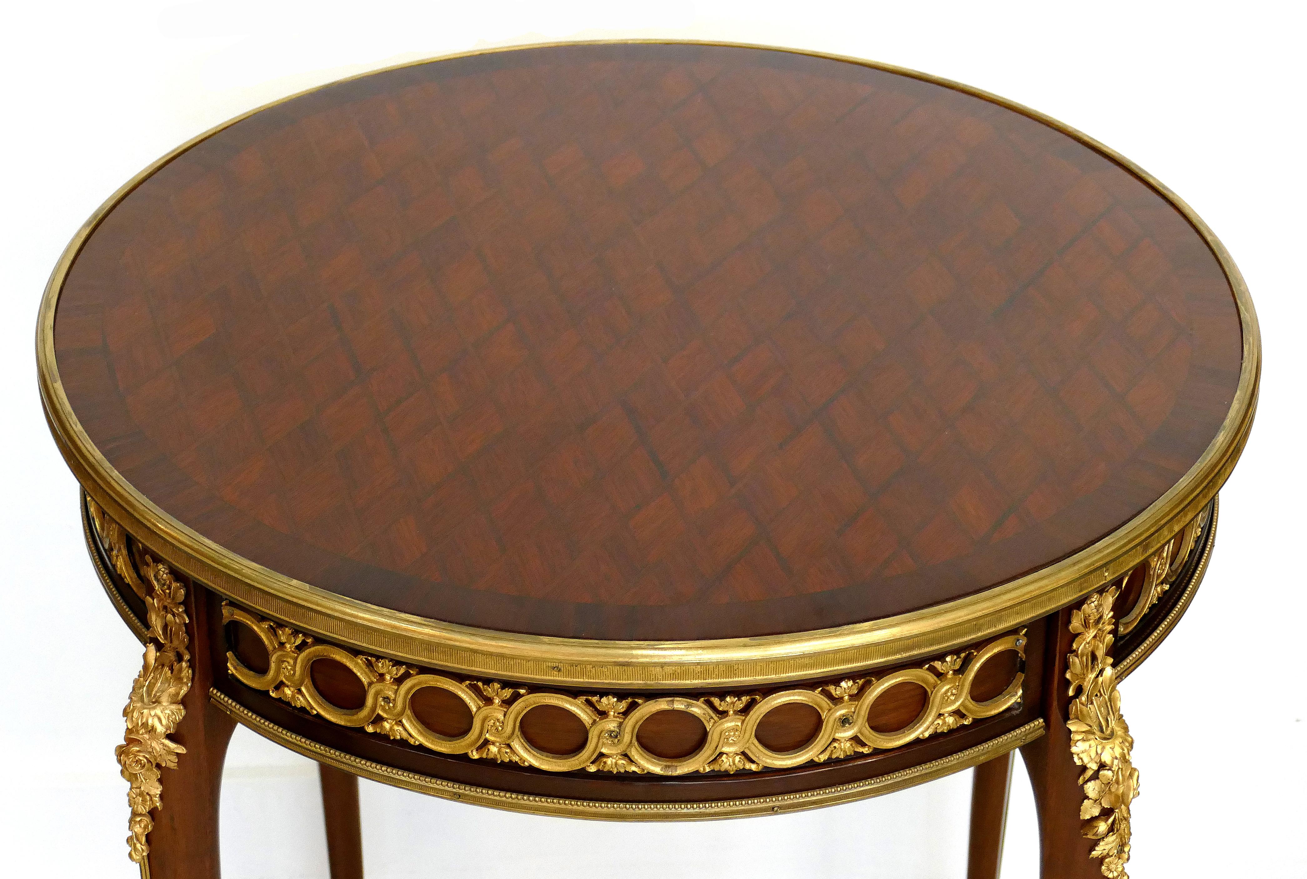 Francois Linke side table with parquetry and gilt bronze mounts

Offered for sale is a Francois Linke (1855-1946) gueridon with gilt bronze mounts and a parquetry top. This side table is in the style of Louis XV and was created during the early
