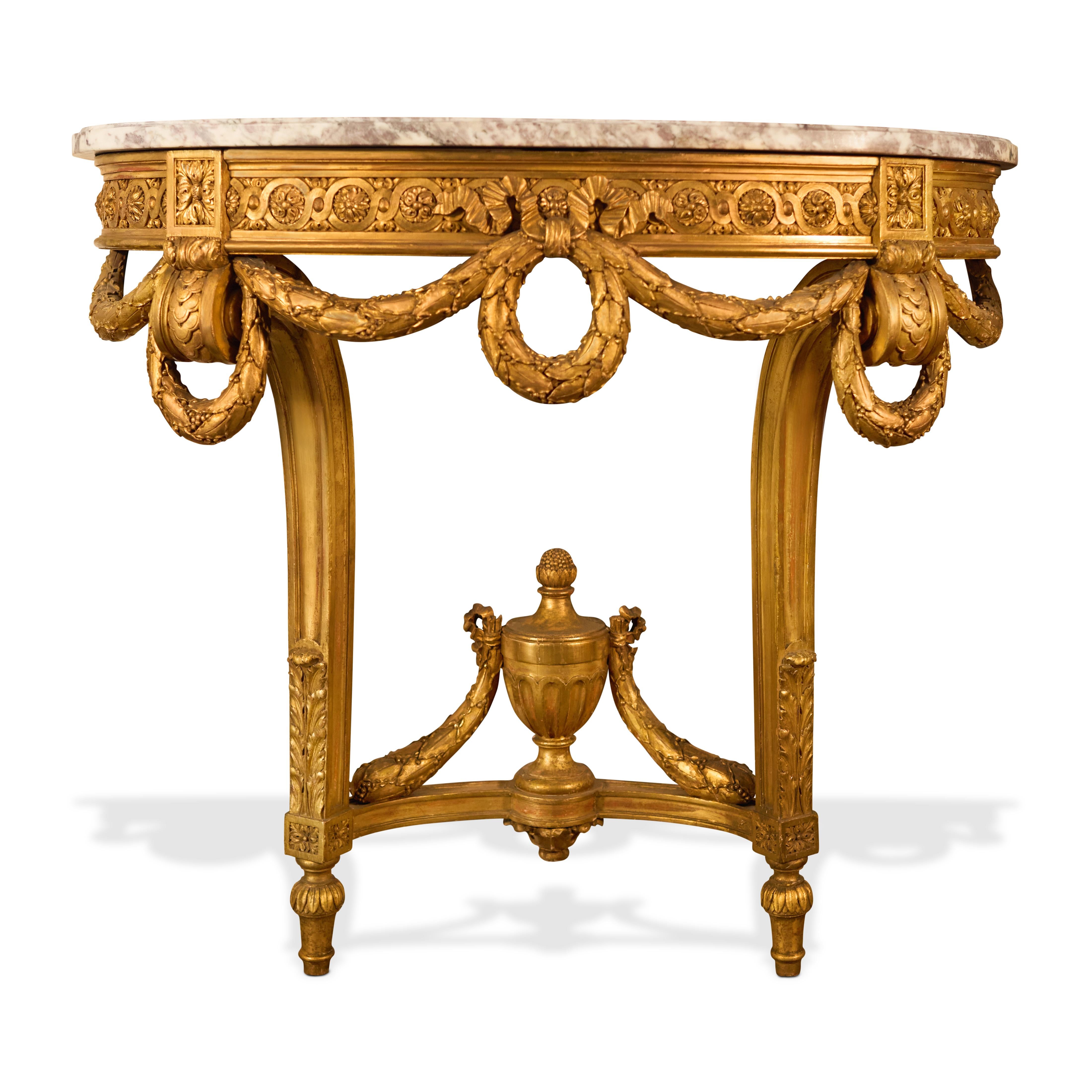 FRANCOIS LINKE LOUIS XV CARVED WOOD MARBLE TOP CONSOLE TABLE, CIRCA 1890, By Francois Linke.

The table is composed of a veined marble top raised on two curved gilt wood legs, the rear of the console if flat and made to be placed along side a wall,