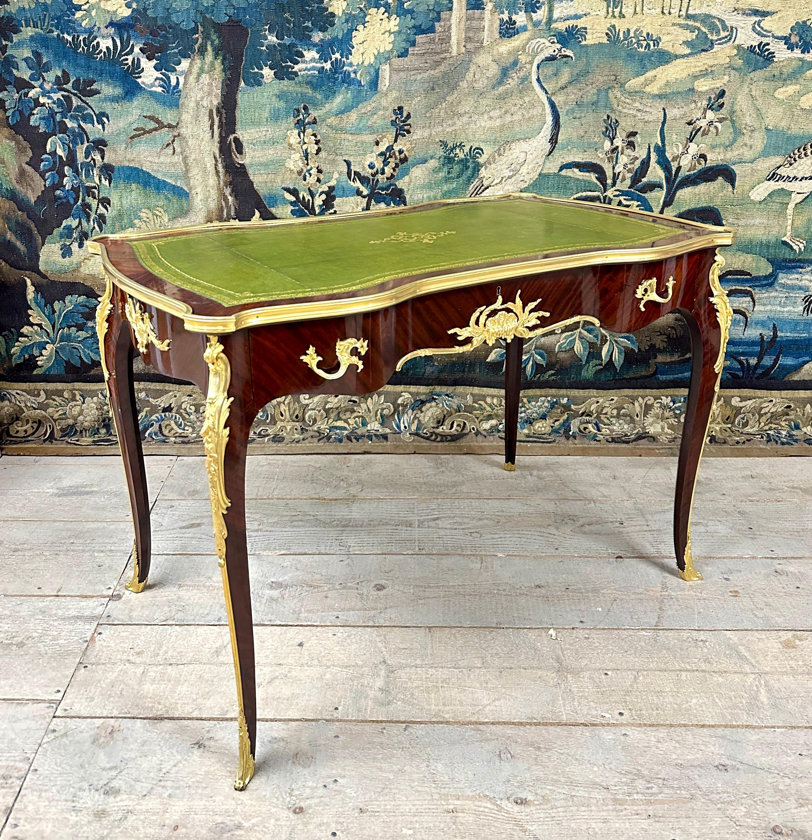 French François Linke, Louis XV Style Desk in Marquetry and Gilt Bronze, Napoleon III