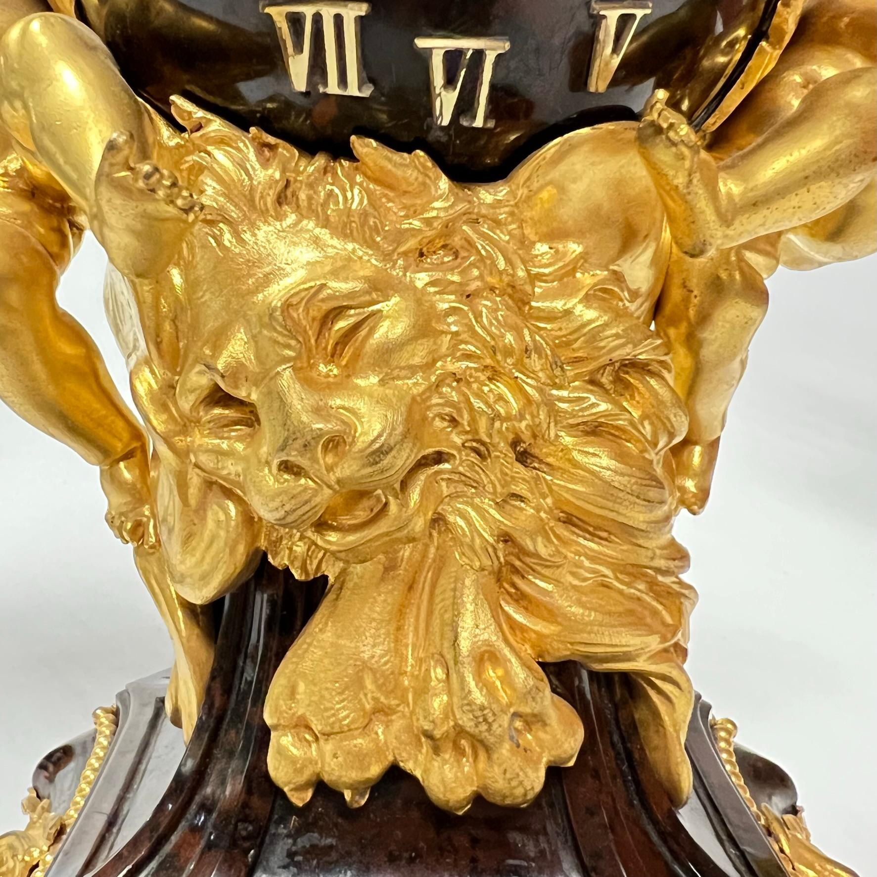 French Francois Linke Louis XVI Style Gilt Bronze and Marble Mantel Clock Garniture For Sale