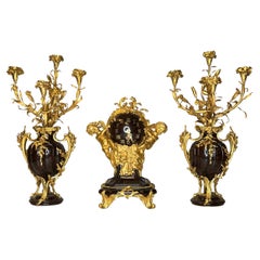 Francois Linke Louis XVI Style Gilt Bronze and Marble Mantel Clock Garniture