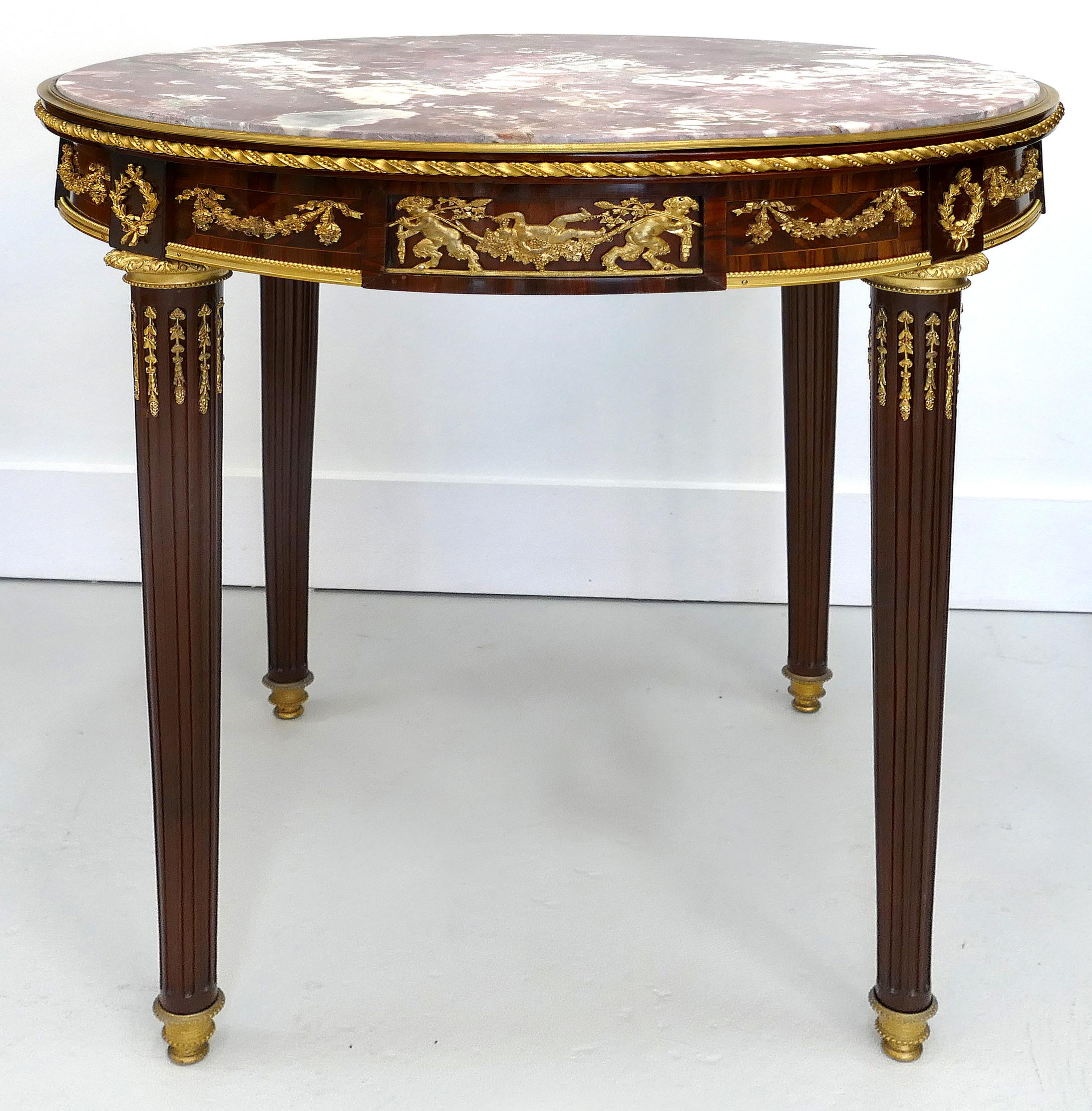 Francois Linke Louis XVI style Gueridon table, late 19th century

Offered for sale is a striking Francois Linke (1885-1946) Louis XVI style gueridon side table with gilt bronze mounted cherubs and the original marble top. The table has a single