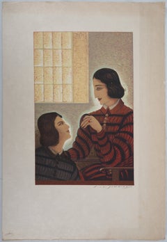 Gesprächsstoff - Original Holzschnitt-Druck