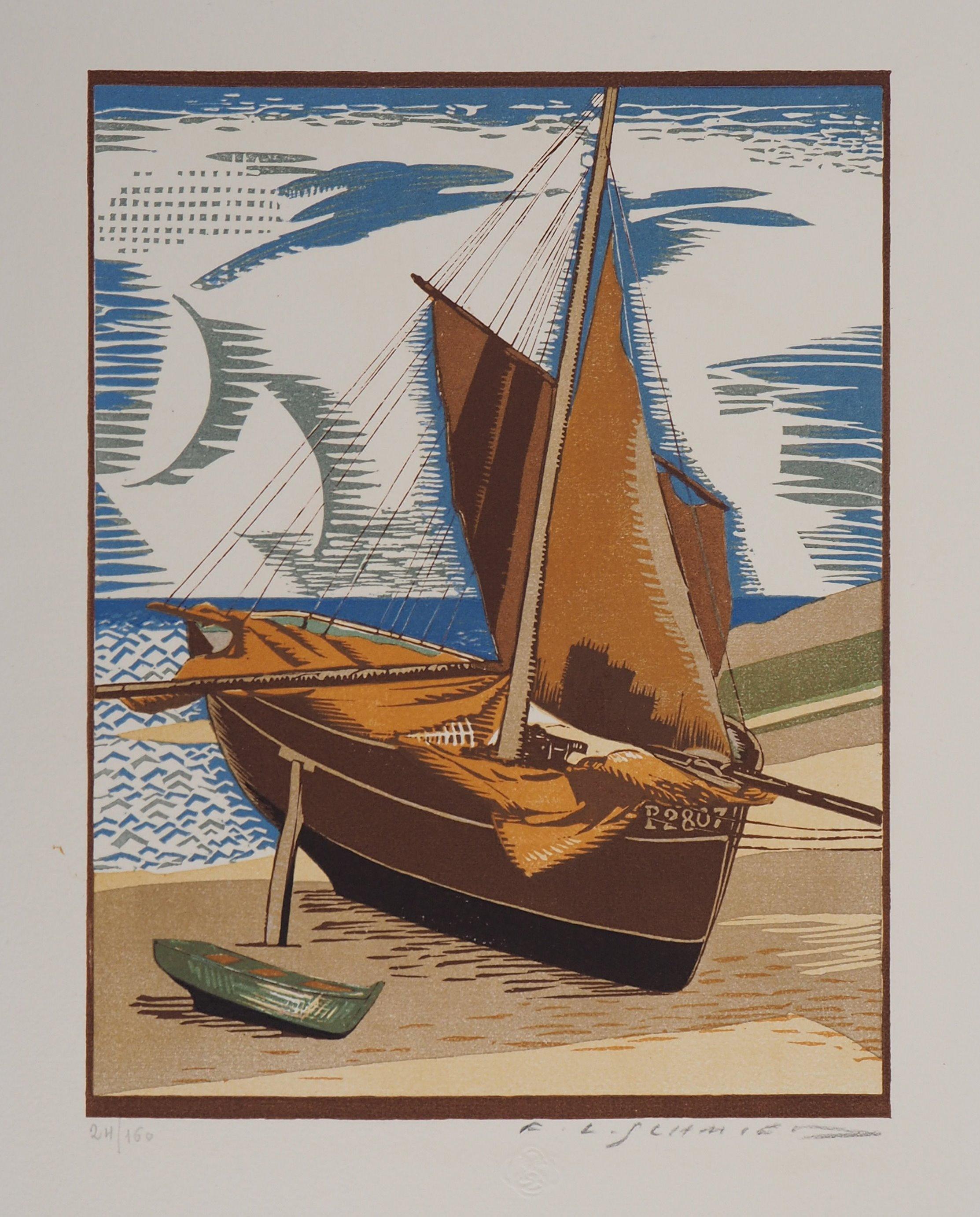 Lobster Boat On The Shore - Original Wooodcut, Handsigned - Print by François-Louis Schmied