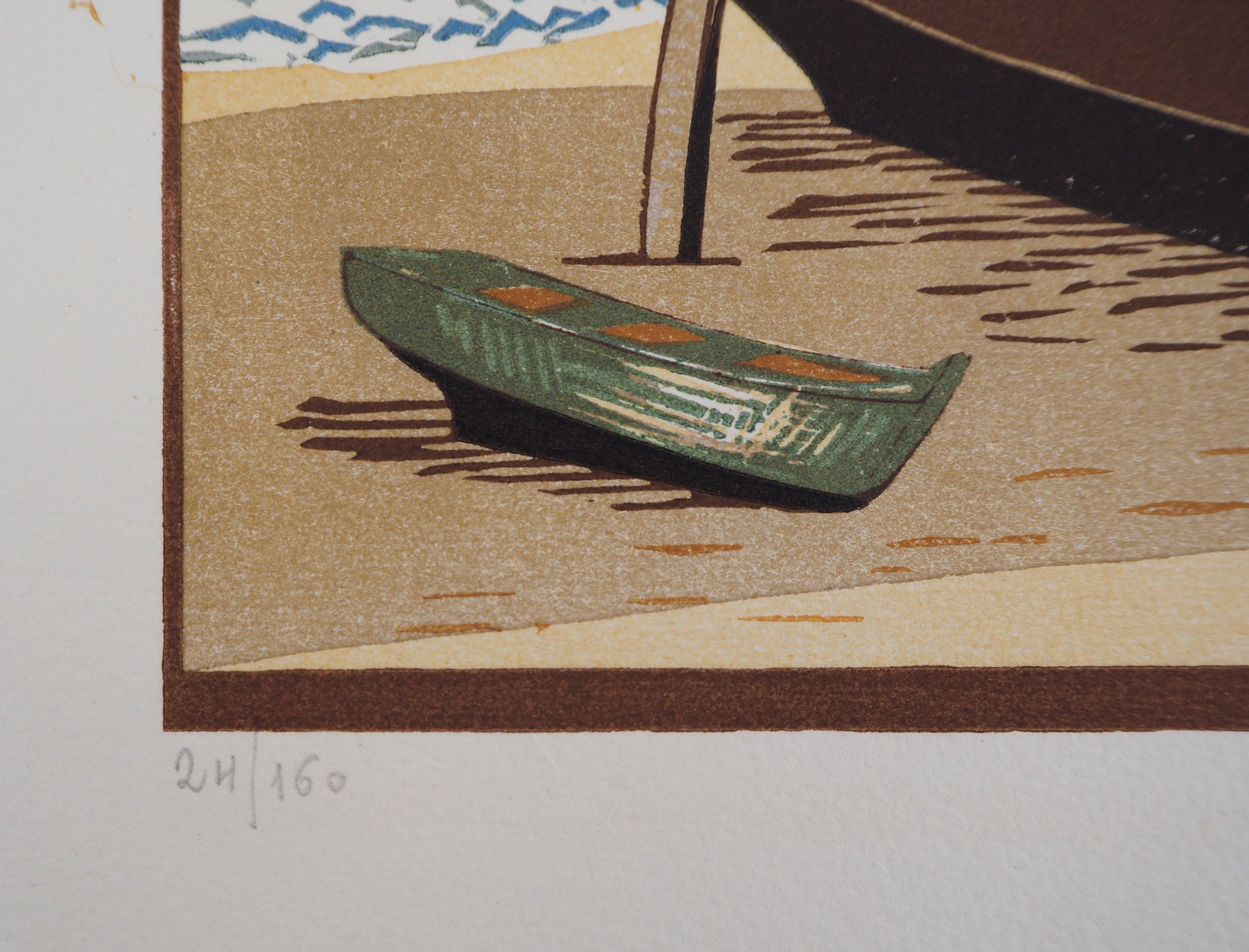 Lobster Boat On The Shore - Original Wooodcut, Handsigned - Modern Print by François-Louis Schmied