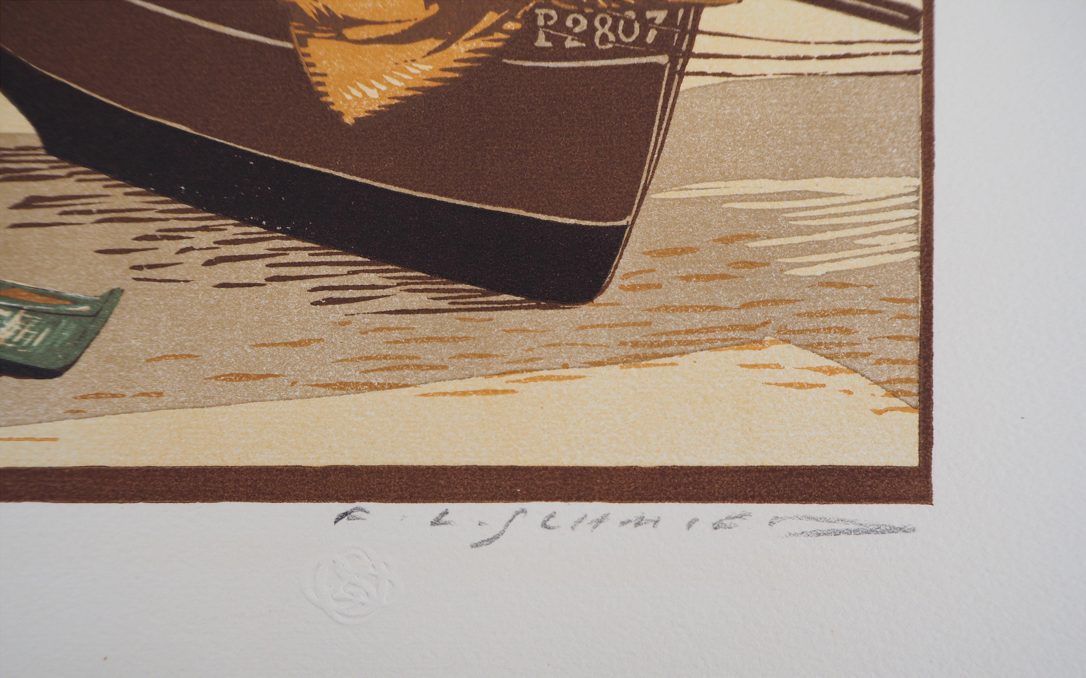 François Louis SCHMIED
Lobster Boat On The Shore, 1924

Original woodcut
Handsigned in pencil
Numbered /160
On vellum 32,5 x 25,5 cm (c. 12,7 x 10 in)

Edited for the 'Imagier de la Gravure sur Bois' (5th year) and bears the blind stamp of the