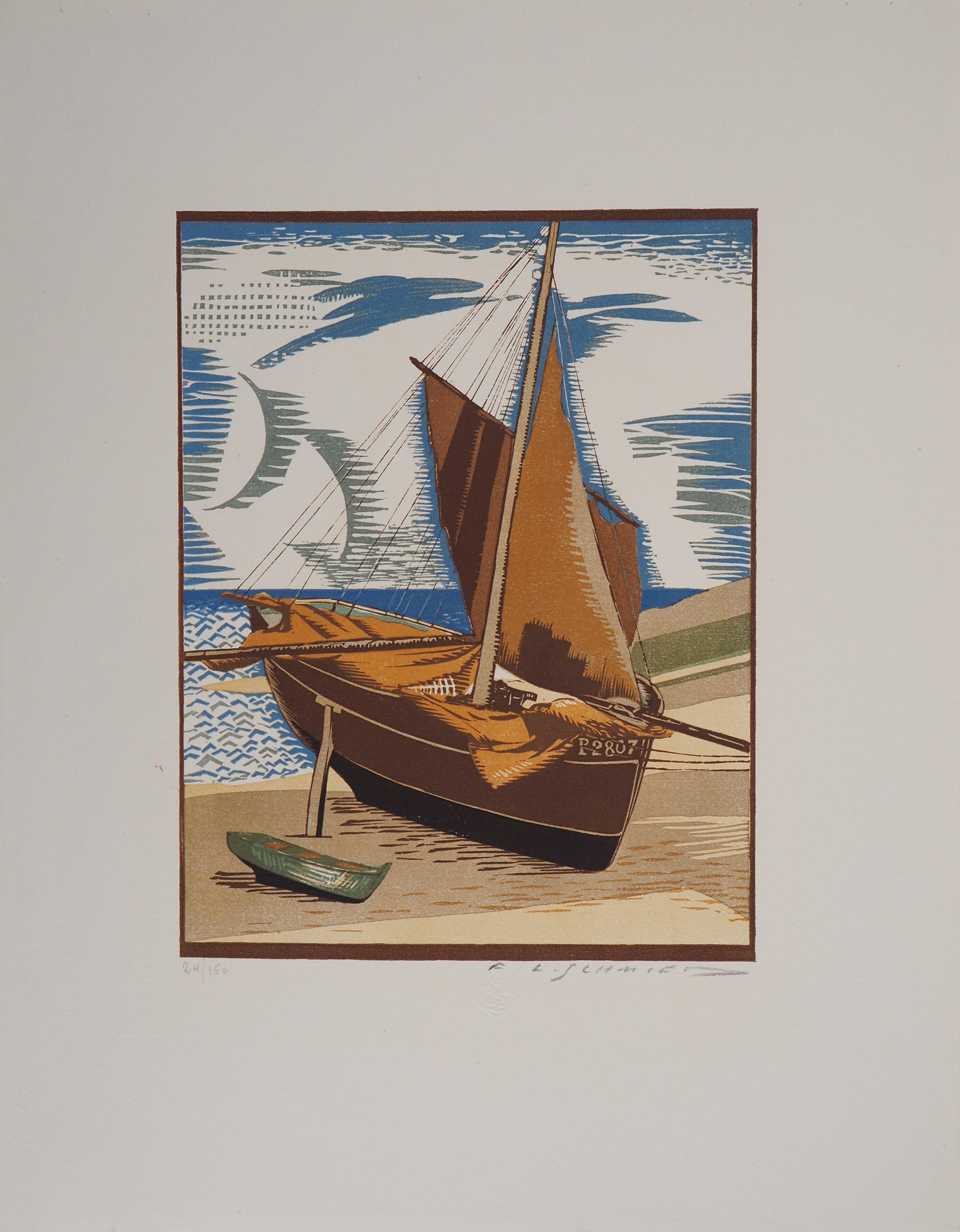 Lobster Boat On The Shore - Original Wooodcut, Handsigned 1