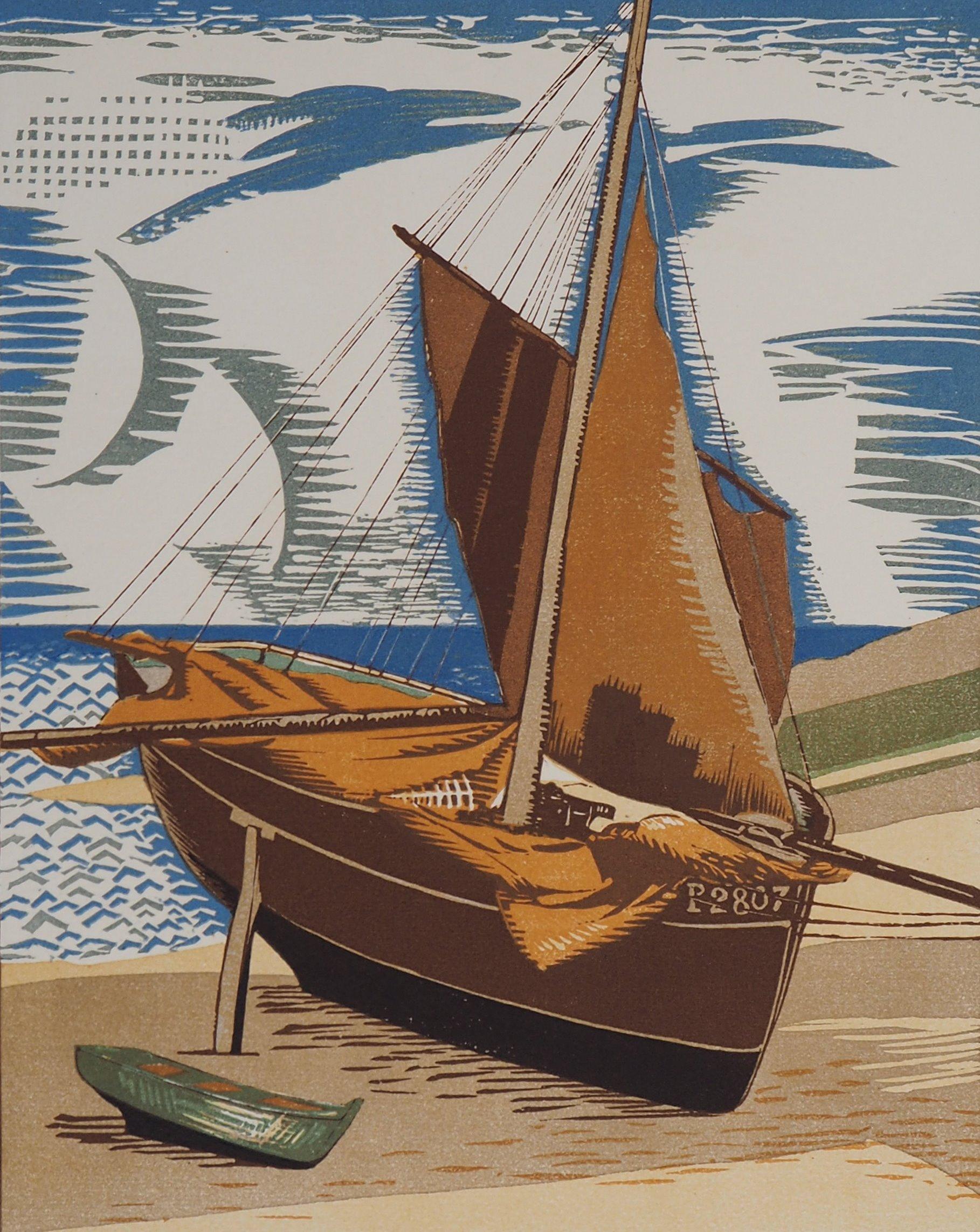 François-Louis Schmied Landscape Print - Lobster Boat On The Shore - Original Wooodcut, Handsigned