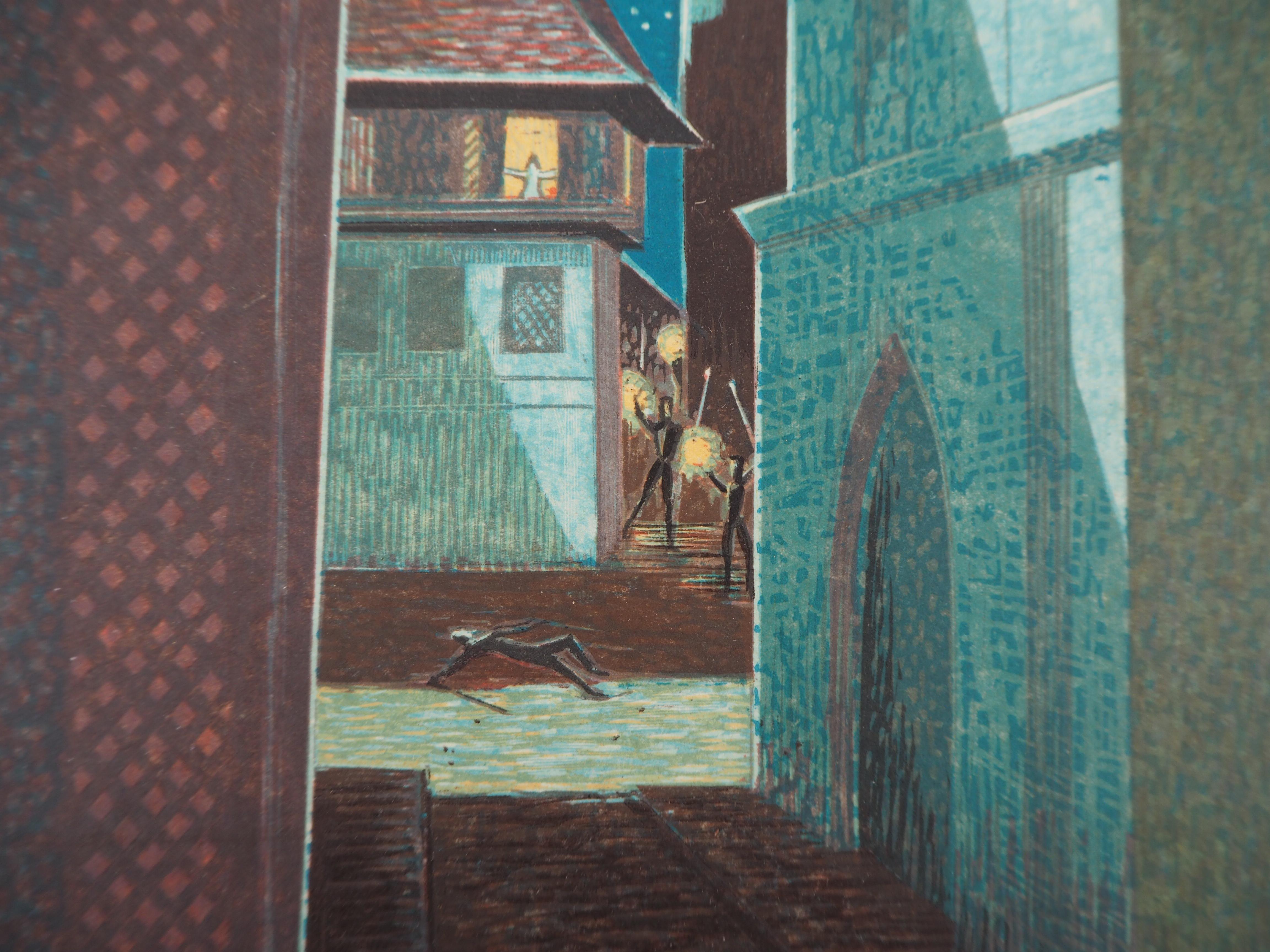 Il vicolo nella notte - Stampa xilografica originale - Figurative Print Nero di François-Louis Schmied