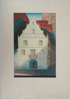 The White Villa – Original Holzschnitt-Druck