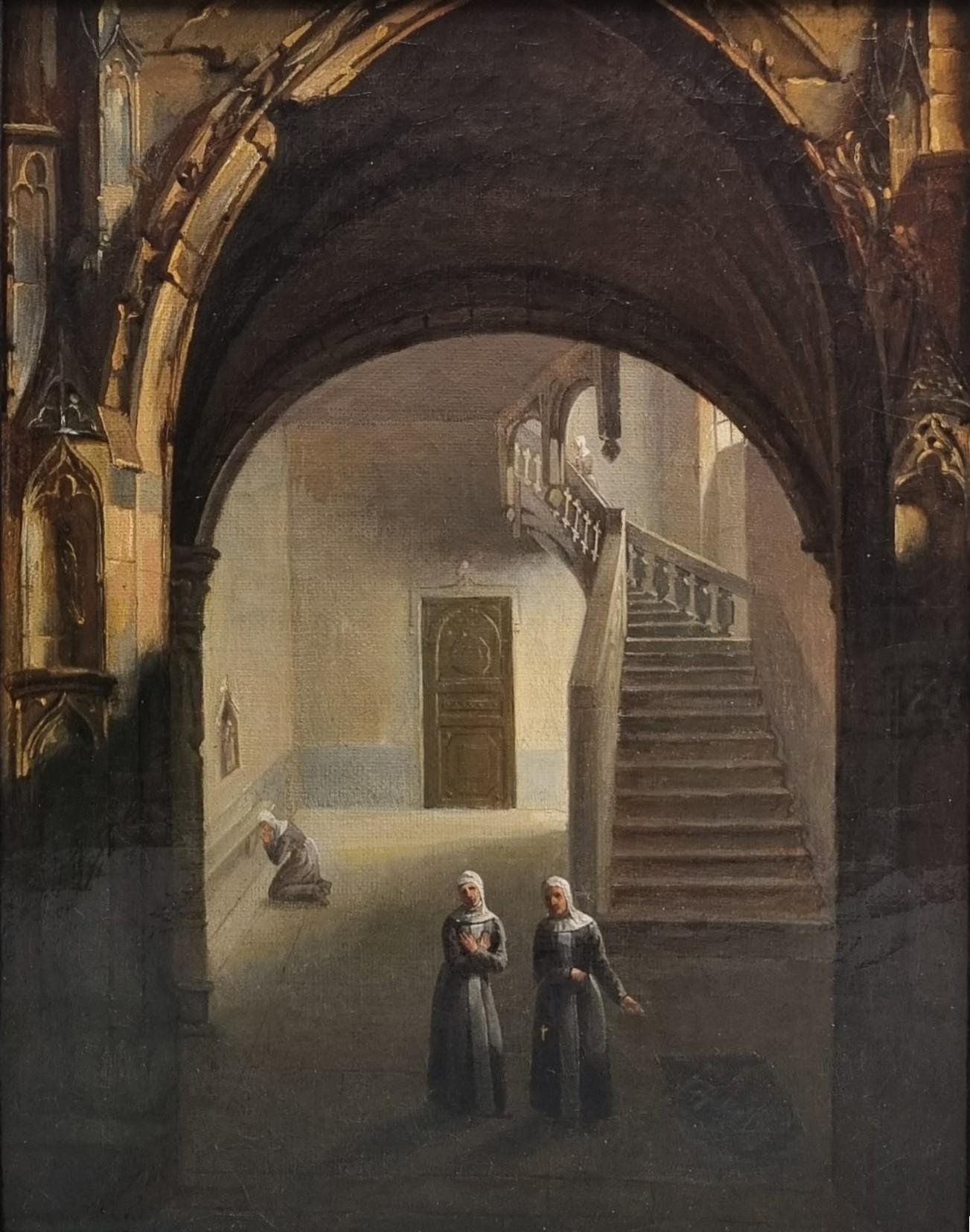 Tableau français Troubadour Intérieur Couvent Nonnes milieu 19ème en vente 6