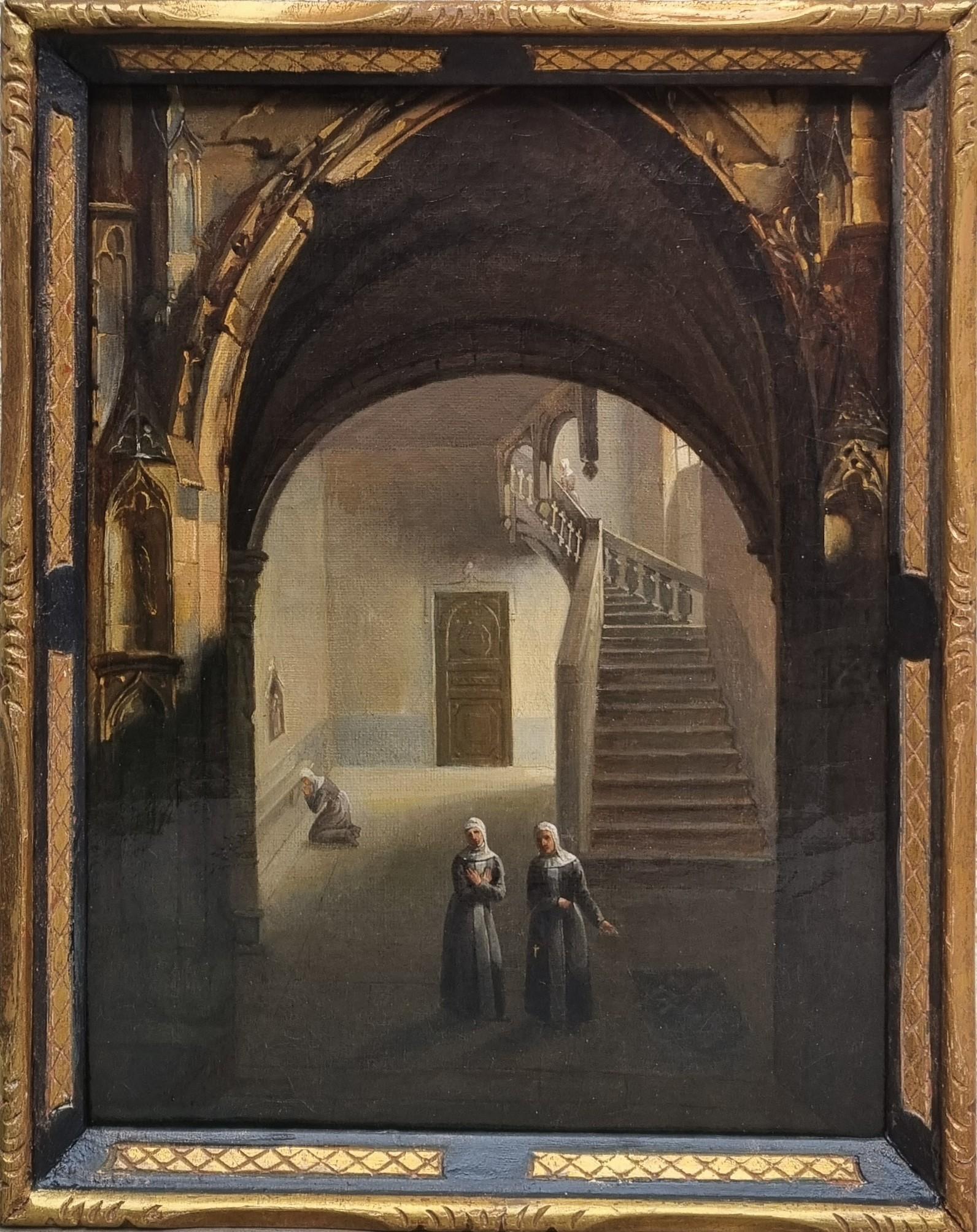 Tableau français Troubadour Intérieur Couvent Nonnes milieu 19ème en vente 7