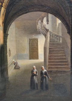 French painting Troubadour Interior Convent Nuns mid 19th