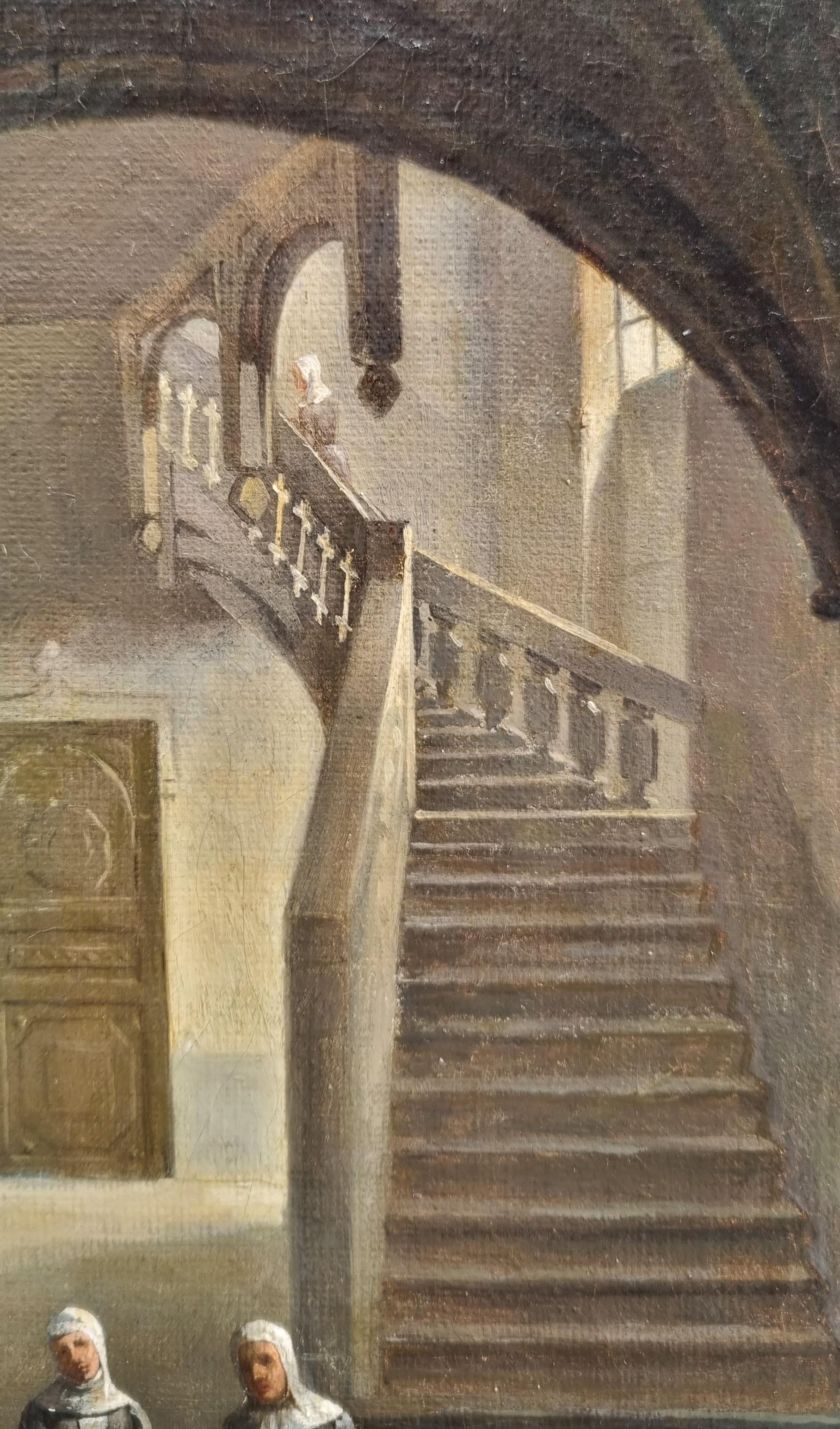 Tableau français Troubadour Intérieur Couvent Nonnes milieu 19ème - Noir Interior Painting par Francois-Marius Granet