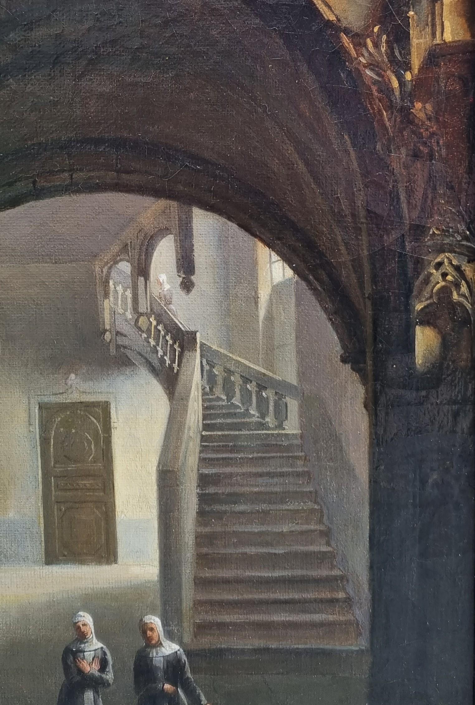 Tableau français Troubadour Intérieur Couvent Nonnes milieu 19ème en vente 1
