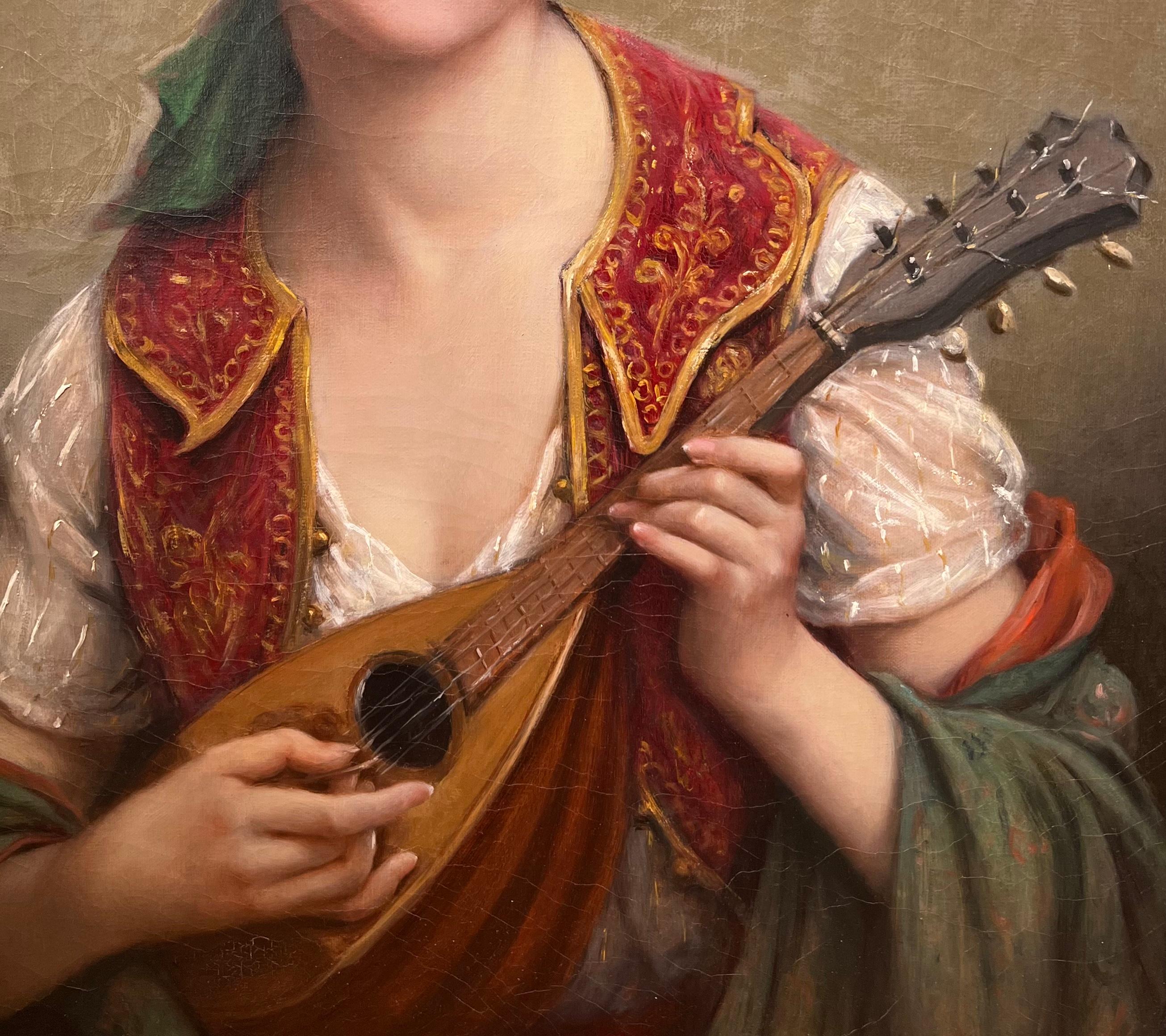 Classical French TURKISH Orientalist Beauty Painting of a Woman w/ Mandolin For Sale 3