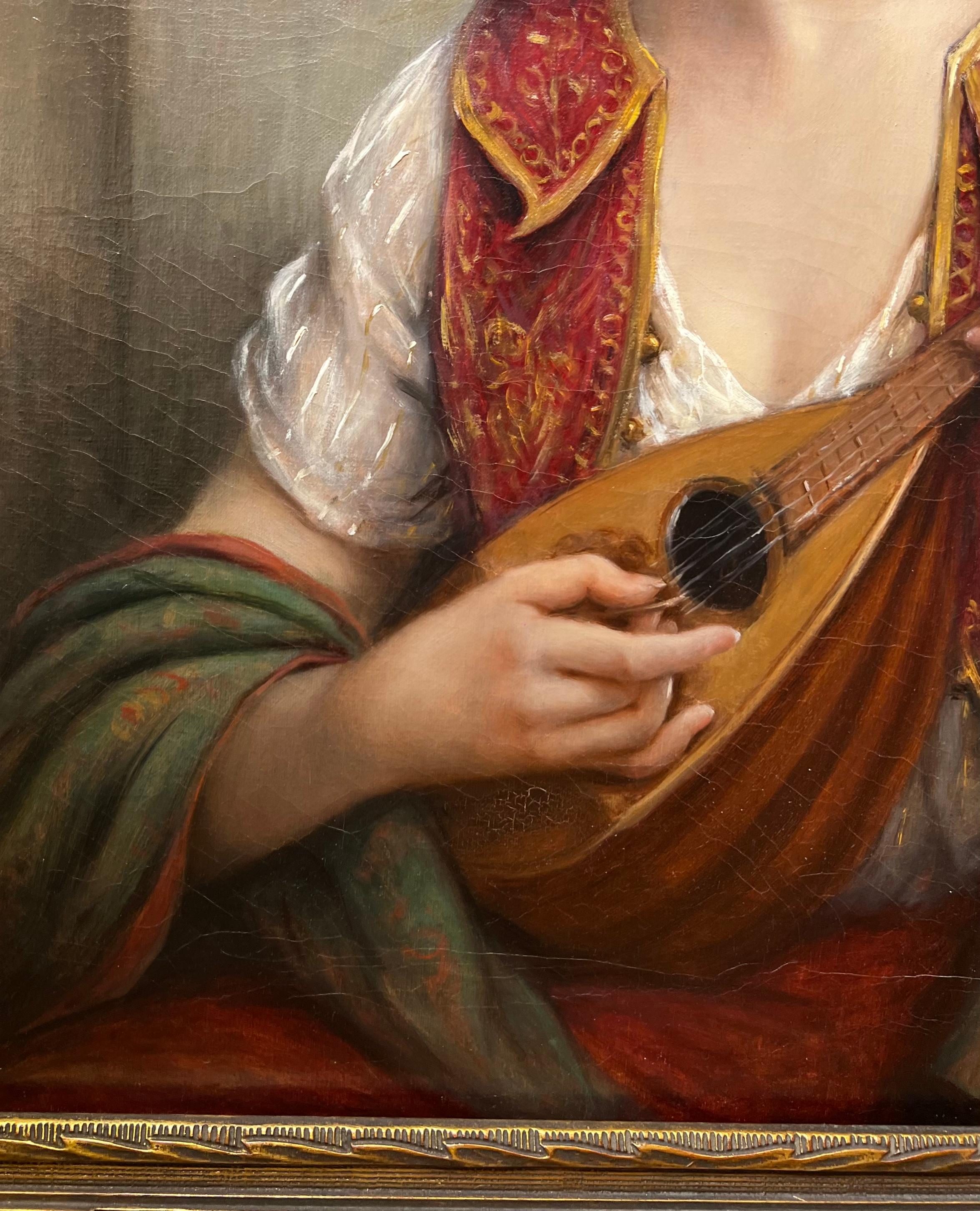 Classical French TURKISH Orientalist Beauty Painting of a Woman w/ Mandolin For Sale 4